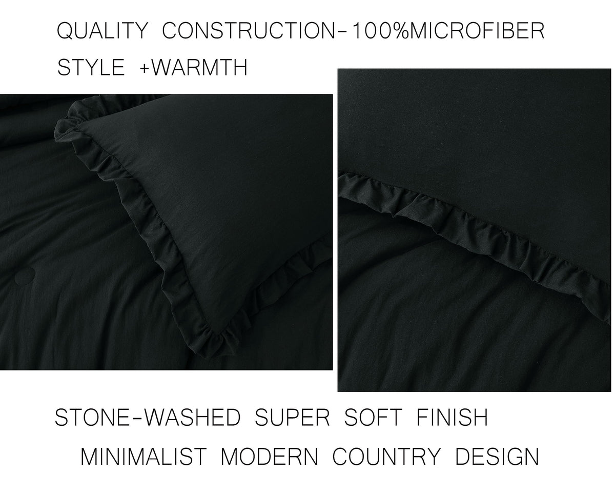 Chezmoi Collection Nora Black Comforter Set King Size 3-Piece Fluffy Soft Lightweight Bedding Ruffled Edge Trim Stone-Washed Mic