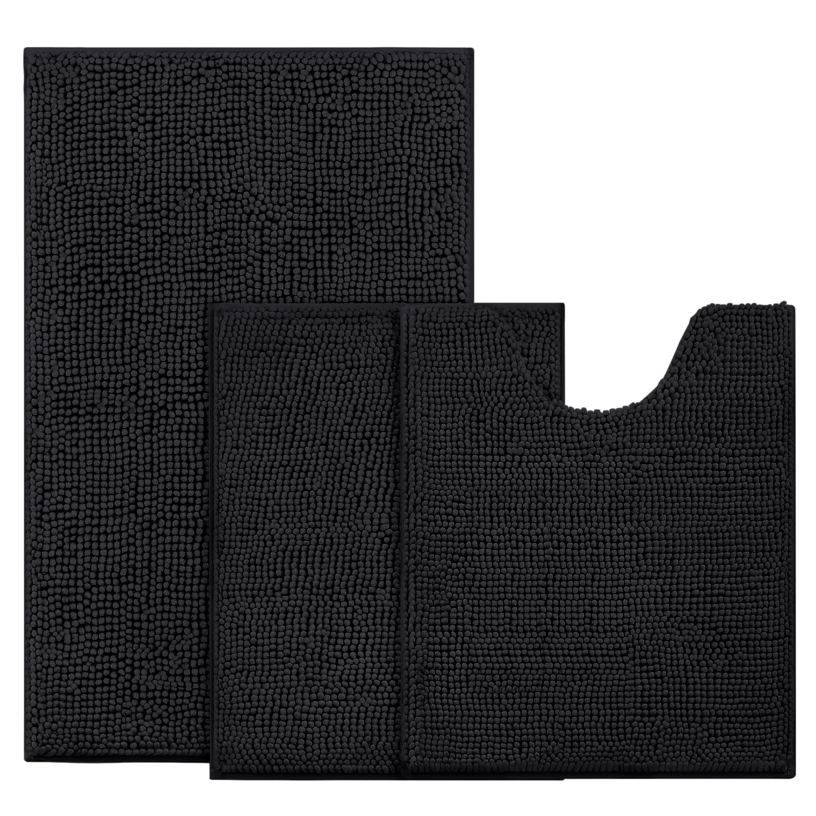 BYSURE Black Bathroom Rugs Sets 3 Piece Non Slip Extra Absorbent Plush Chenille Soft Washable Bath Mats
