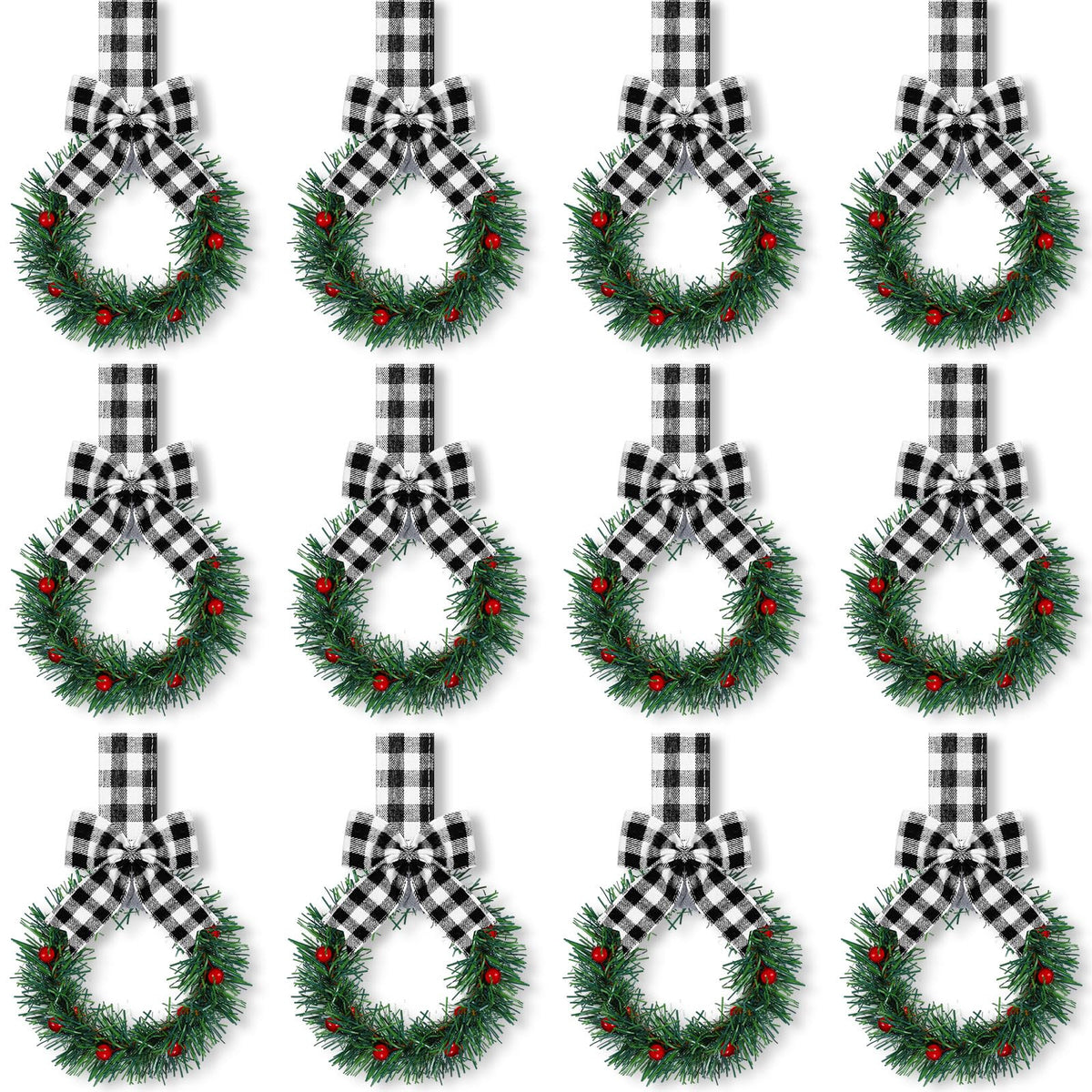 Retrowavy 12 Pcs Christmas Kitchen Cabinet Wreaths with Ribbon 3.94 Inch Mini Christmas Wreath Small Kitchen Wreath Greenery Wre