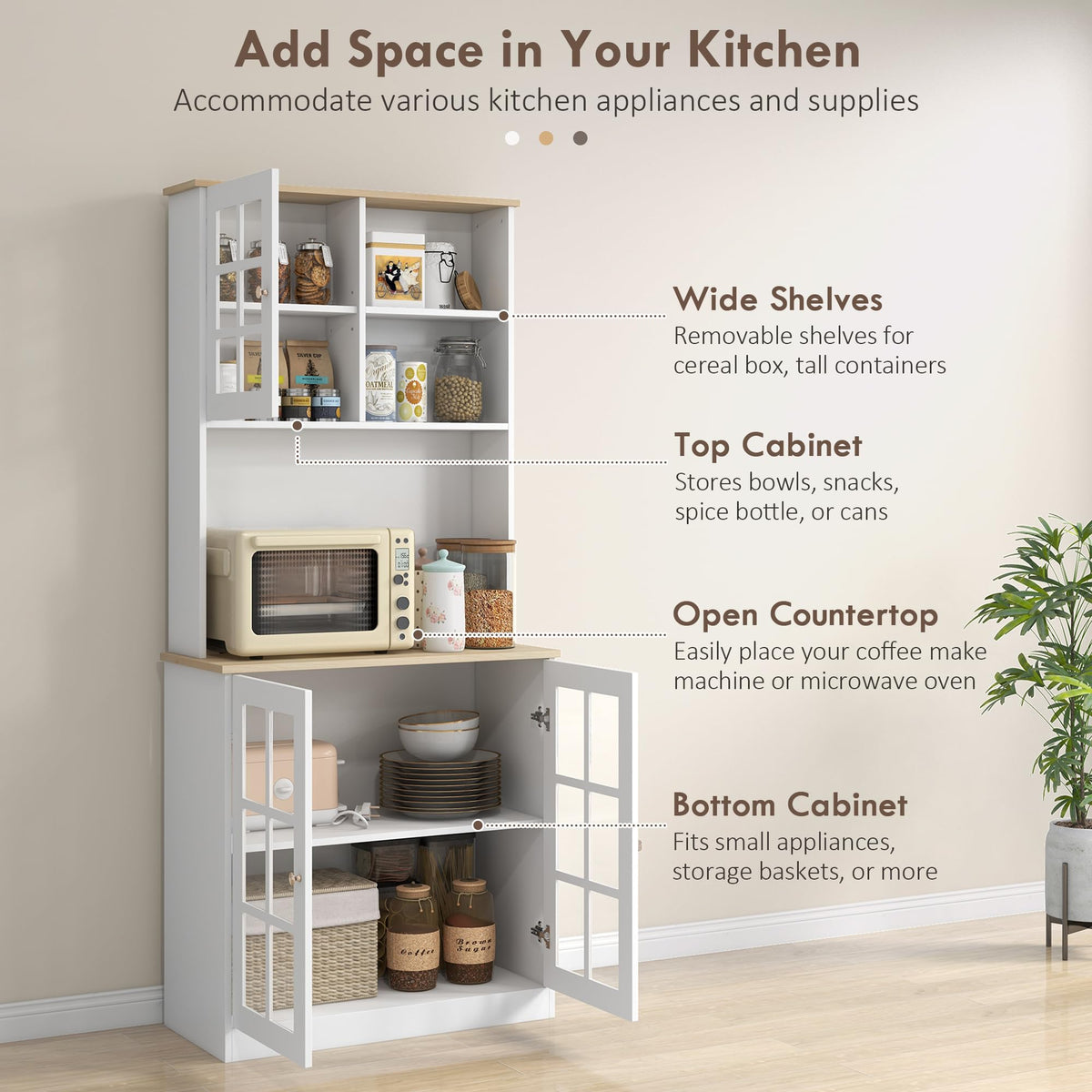 Homcom Kitchen Pantry Cabinet, 72' Freestanding Storage Cabinet With Hutch, Large Countertop, Glass Doors And Adjustable Shelves, Microwave Cabinet, Coffee Bar Cabinet For Dining Room, White