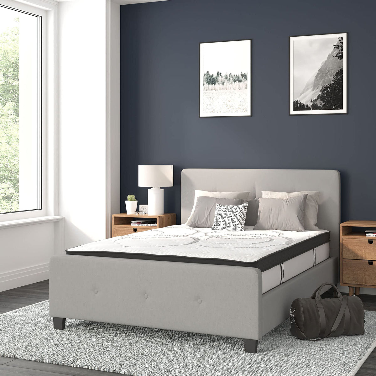 Flash Furniture Tribeca Full Size Tufted Upholstered Platform Bed In Light Gray Fabric With 10 Inch Certipur-Us Certified Pocket Spring Mattress