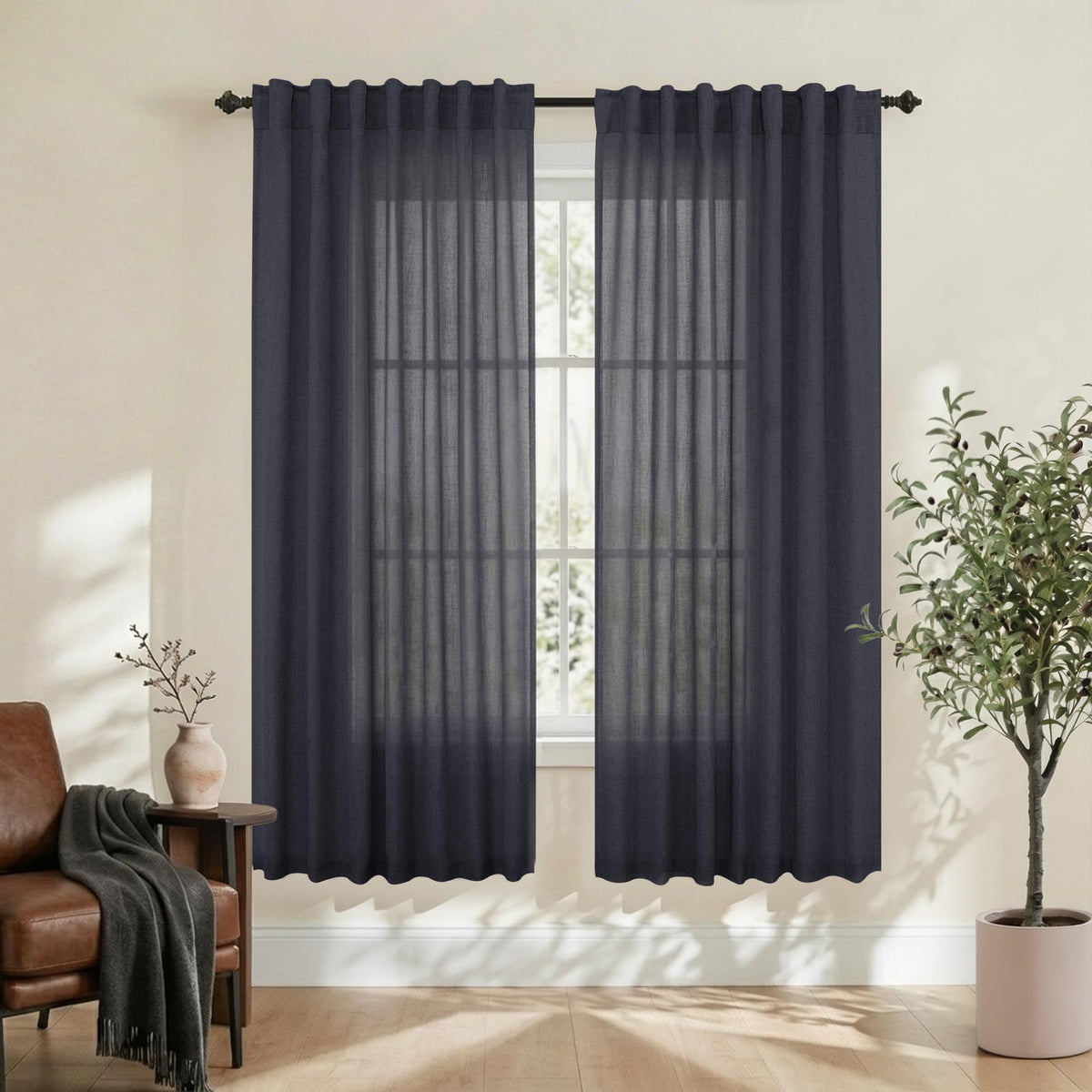 Mrs.Naturall Dark Grey Linen Curtains 63 Inch Length 2 Panel Set, Back Tab Farm House Cottage Light Diffusing Semi Sheer Curtain for Bedroom Living Dining Room Kitchen 63 Inches Long, Charcoal Gray