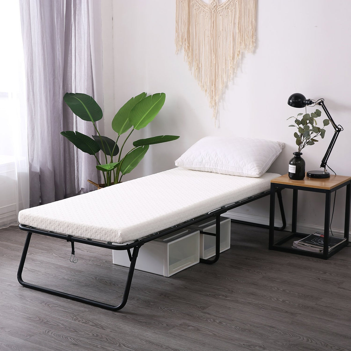 Leisuit Foldaway Guest Bed Cot Fold Out Bed  Portable Folding Bed Frame With Thick Memory Foam Mattress For Spare Bedroom & Off