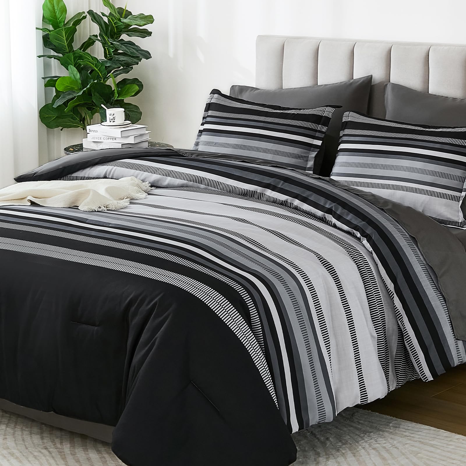 Dobuyly Black Comforters Queen Size Set 7 Pieces, Boho Striped Grey Bed In A Bag Queen Soft Microfiber Bedding Set With Comforte