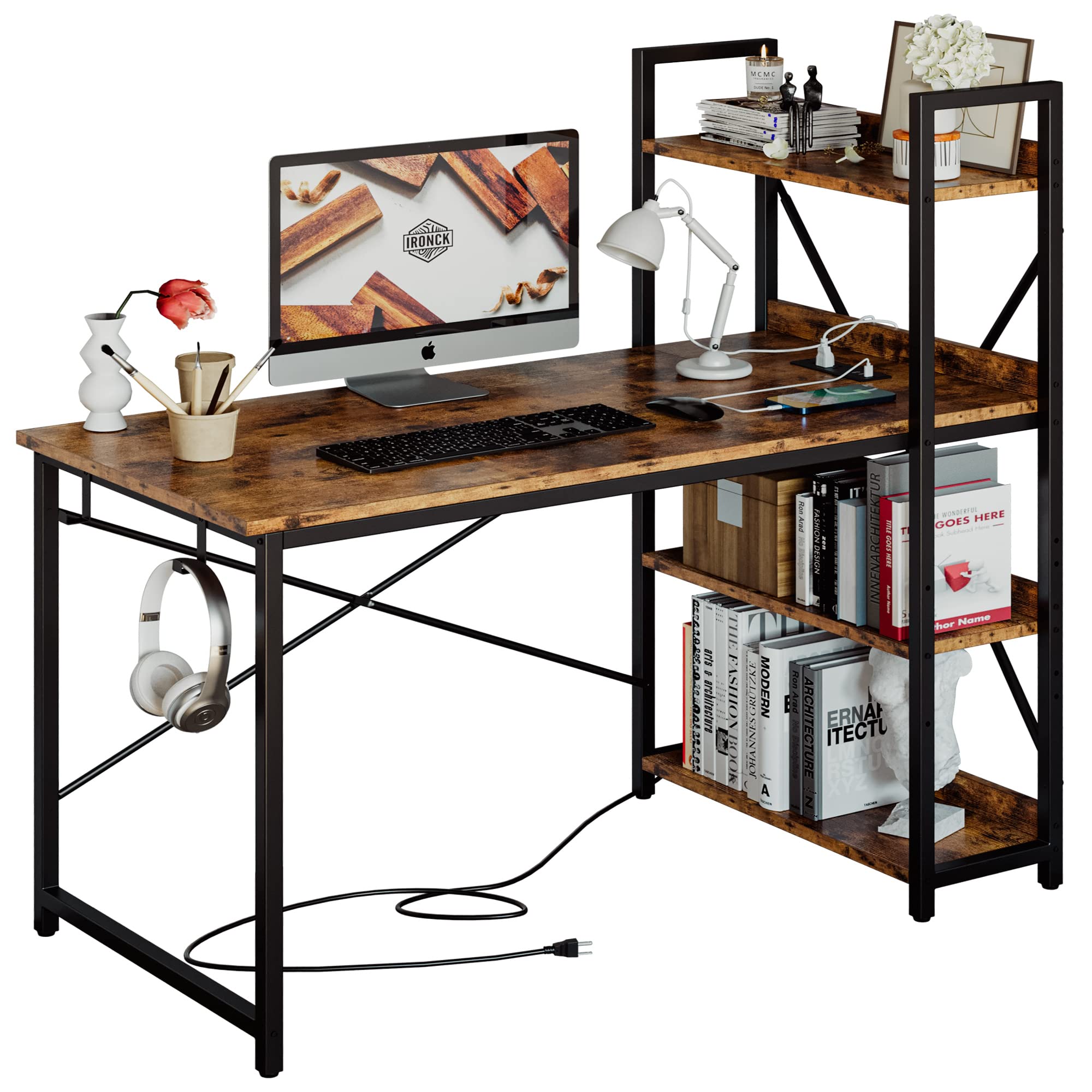 IRONCK Computer Desk 47 with Power Outlet and Storage Shelves, Study Writing Table with USB Ports Charging Station, PC Desk Work