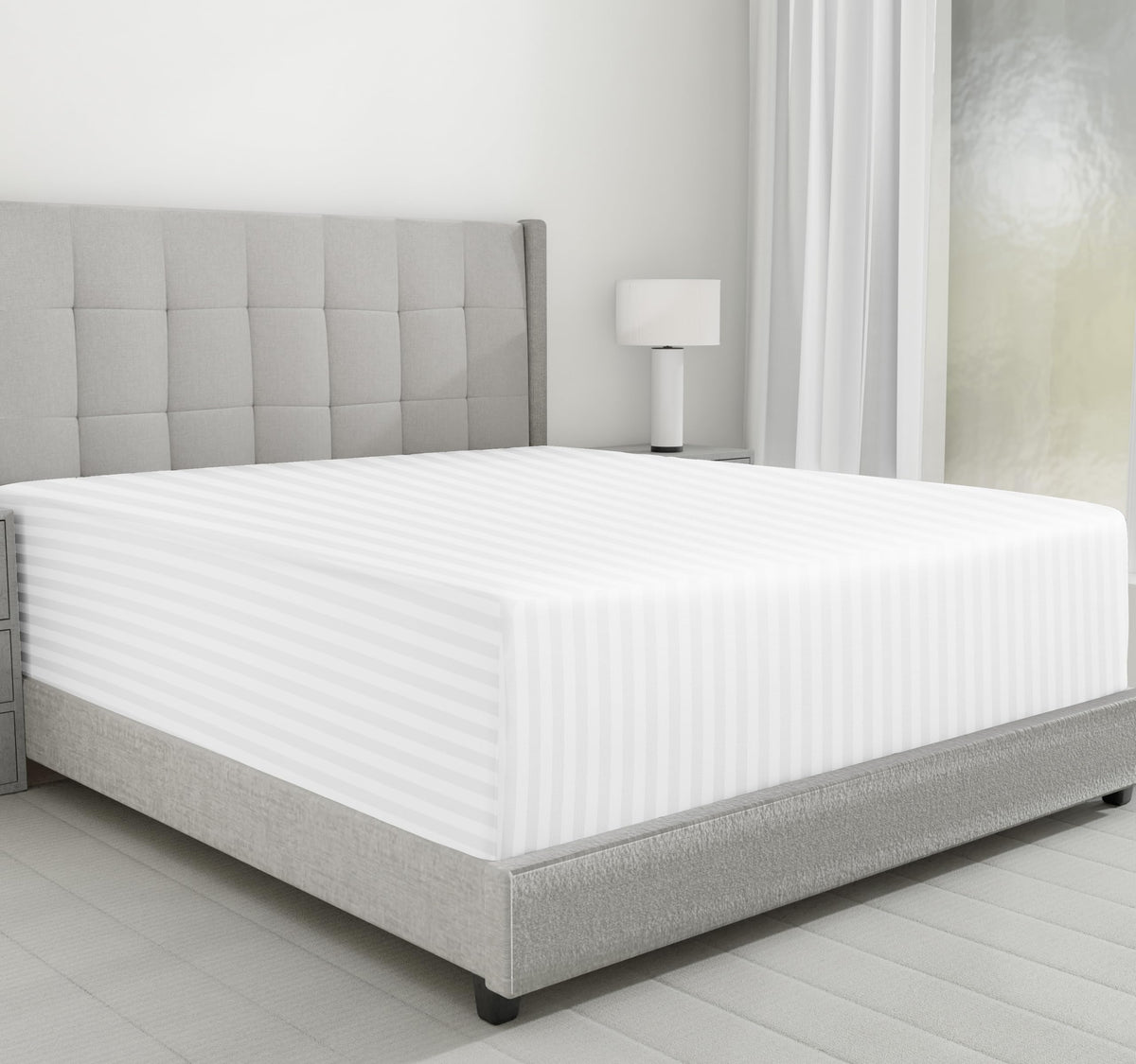 California Design Den Luxury Cotton Sateen Damask Stripe King Fitted Sheet Only - Soft 100% Cotton Sateen, Deep Pocket Bottom Fitted Sheet, Hotel Quality With A Foot Side Indicator - White