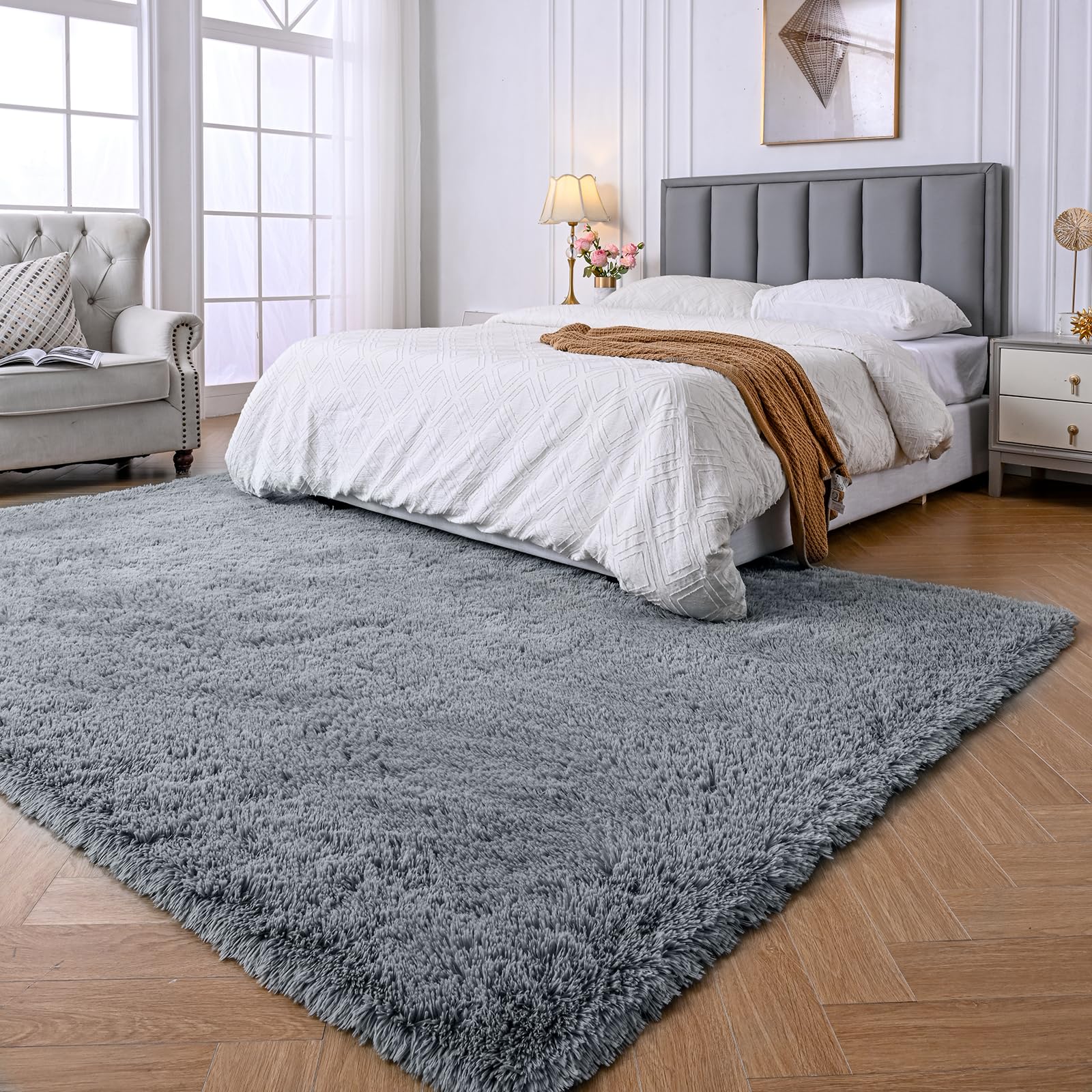 Shag Rugs 8X10 Living Room: Shag Area Rug For Bedroom - Gray Large Fluffy Soft Carpet (Grey, 8X10 Feet)