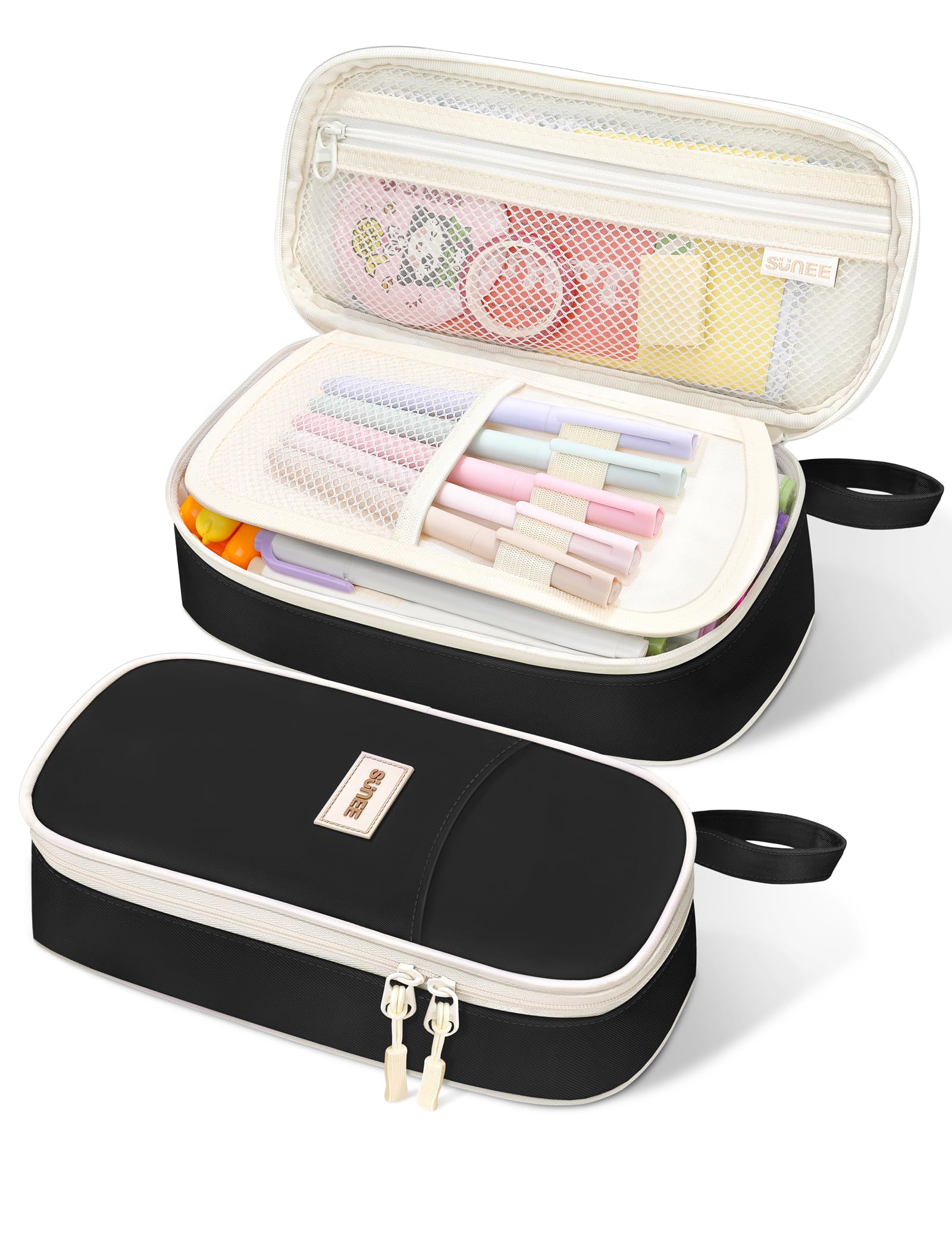 Sunee Cute Pencil Case, Aesthetic Pen Pouch, Colored Large Pencil Bag With Zipper, Kawaii Stationery Storage And Organizer, Blac
