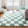KICMOR Living Room Rugs 5x8 Sage Green and White, Large Fluffy Furry Shaggy Fuzzy Checkered Area Rug Bedroom Big Carpet, Shag Pl