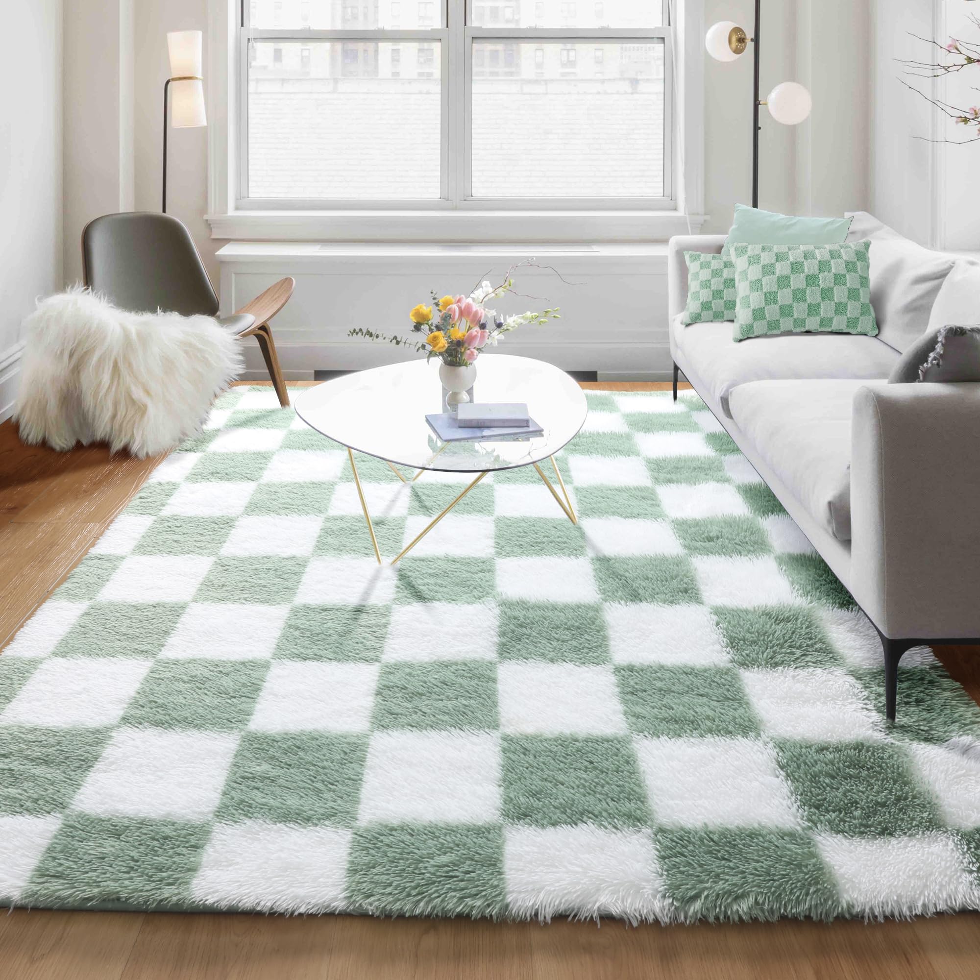 KICMOR Living Room Rugs 5x8 Sage Green and White, Large Fluffy Furry Shaggy Fuzzy Checkered Area Rug Bedroom Big Carpet, Shag Pl