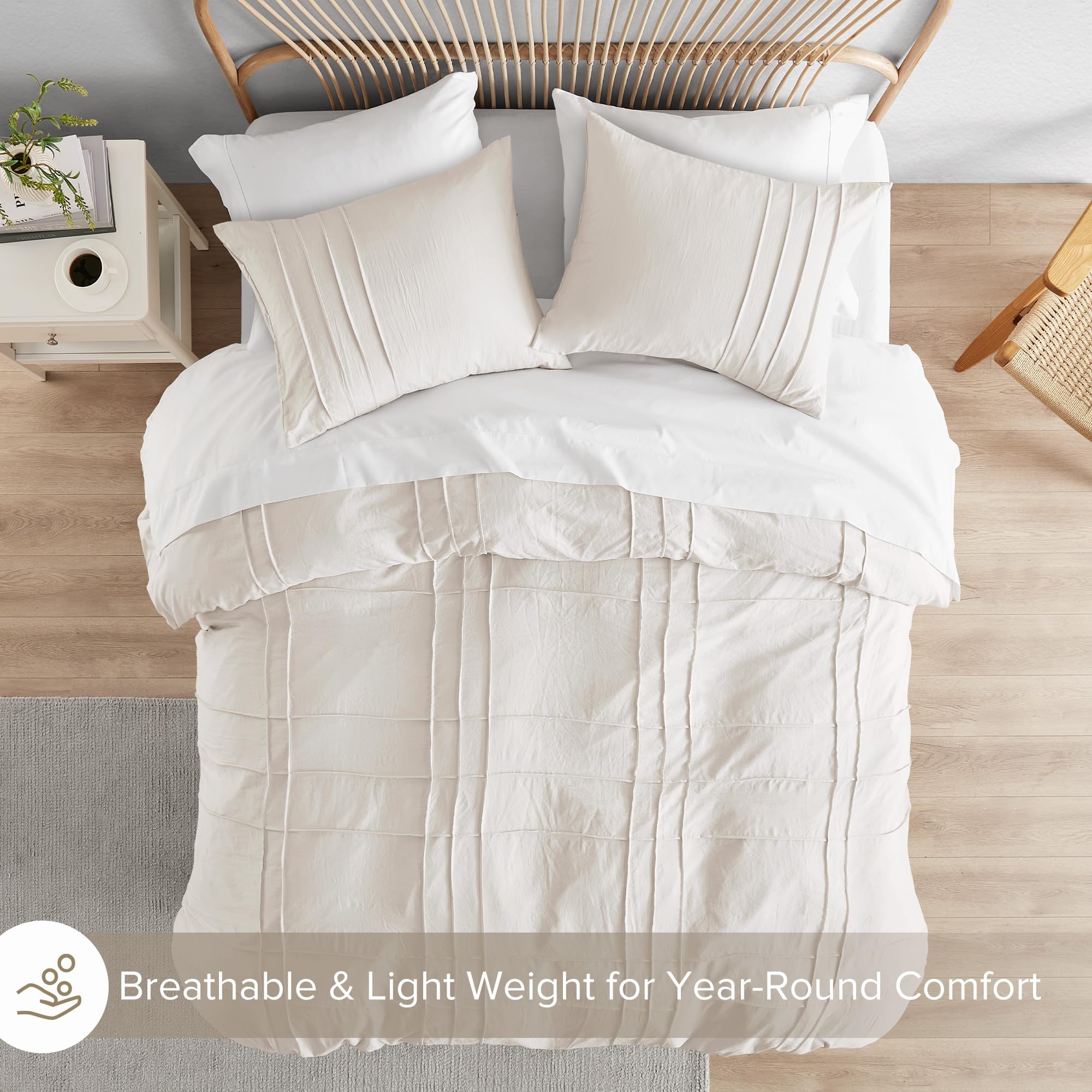 Comfort Spaces Cream King Size Duvet Cover Set - 3 Pieces Pintuck Pleated Duvet Cover King, All Season Lightweight, Extra Softness Pre-Washed Microfiber King Bedding Cover Shams, King/Cal King