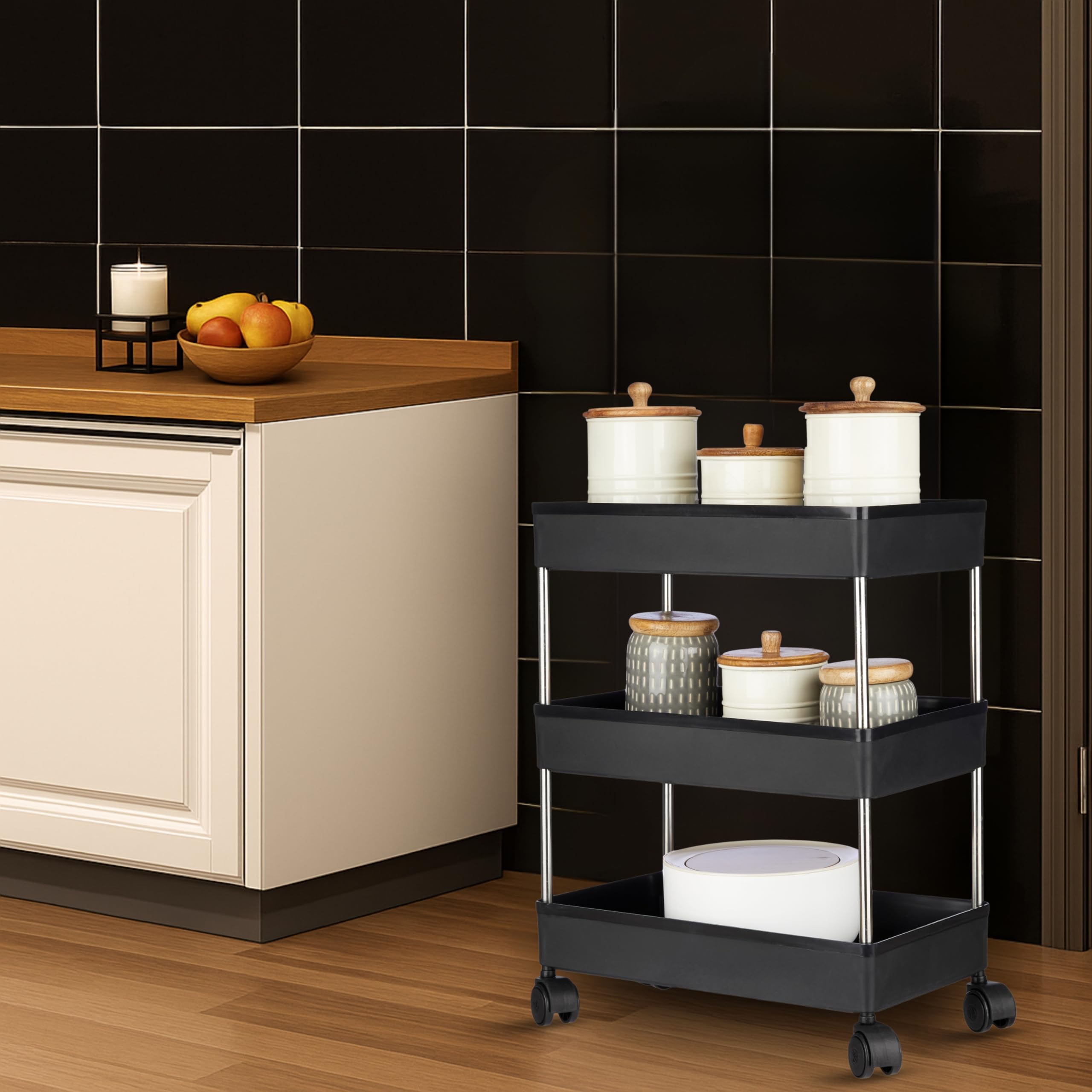 Amazon Brand  Solimo 3Tier Stainless Steel Kitchen Trolley Rack With Wheels | Modular Storage Shelf For Vegetables, Fruits, Sp