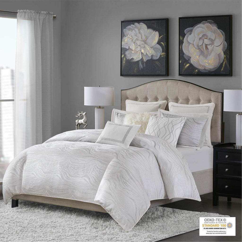 Madison Park Signature Glam Cozy Comforter Set - All Season Bedding Combo Filled Insert And Removable Duvet Cover, Shams, Decorative Pillows, Metallic White King(110'X96') 10 Piece