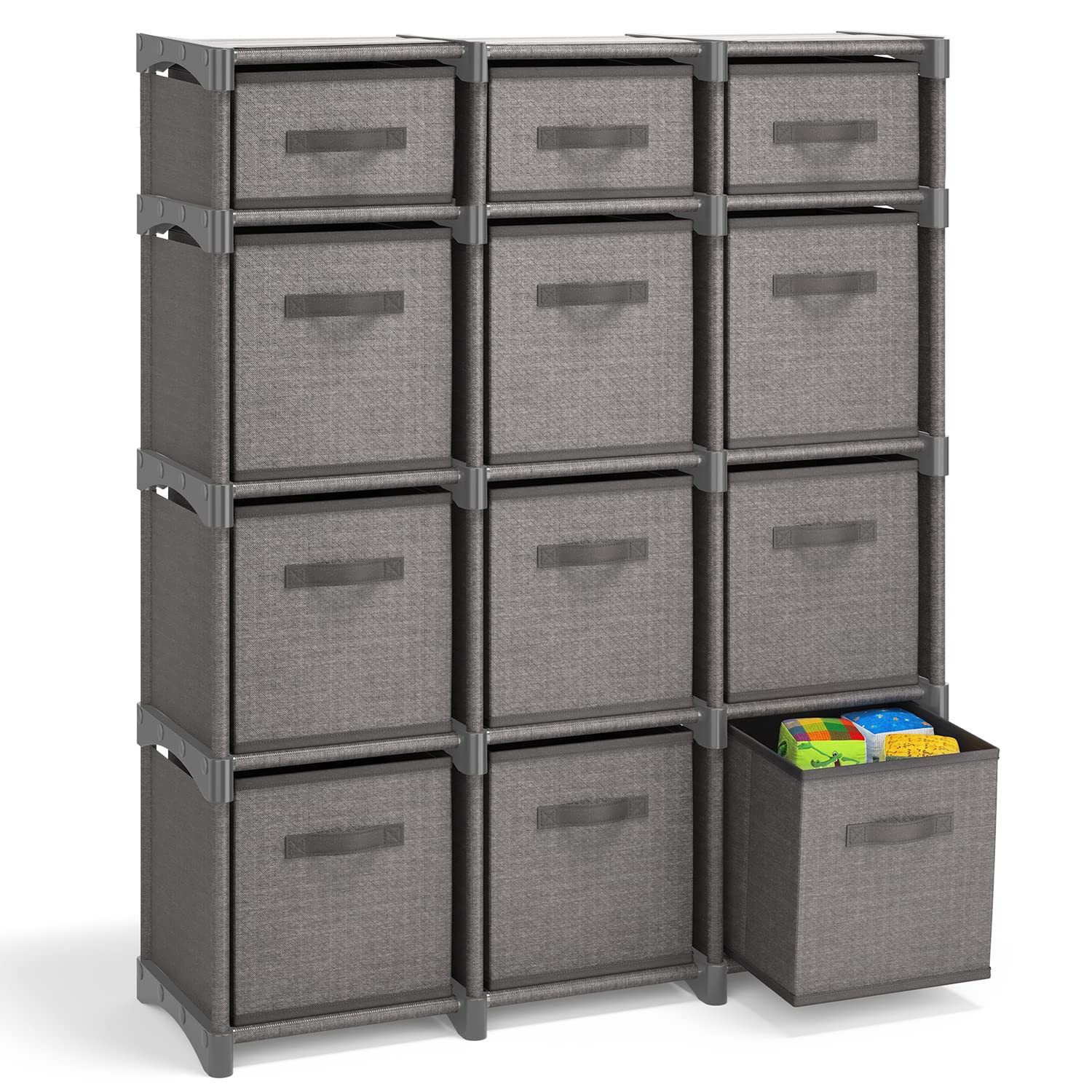 12 Cube Storage Organizer - Gray Cube Organizer Shelf, DIY Storage Cubes Organizer Shelves with Fabric Storage Cubes, Sturdy Cub