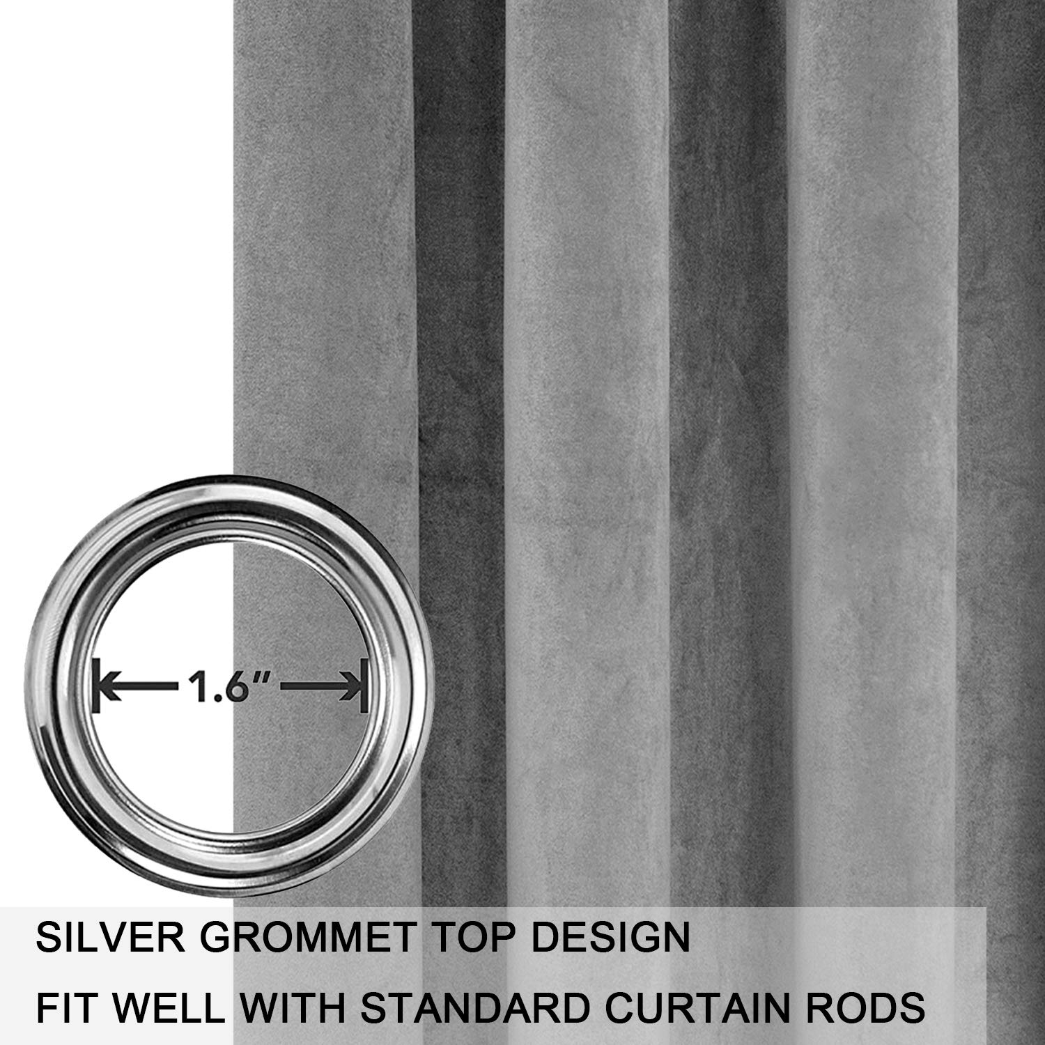 Smiletime Grey 72 In Long Velvet Curtains With Grommet, Thermal Insulated Super Soft Privacy Noise Reducing Light Blocking Velve