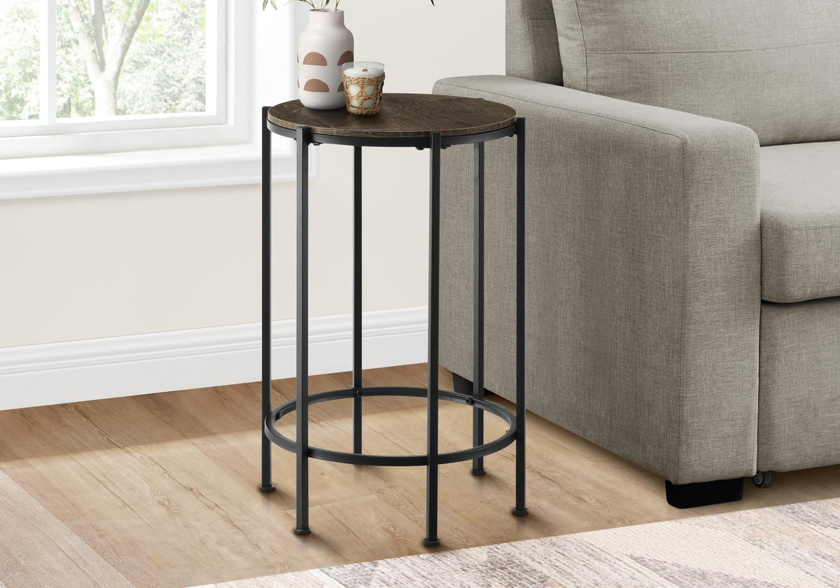 Monarch Specialties I 3756 Accent Table, End, Round, Side Table, Bedroom, Nightstand, Dark Oak, Black Metal