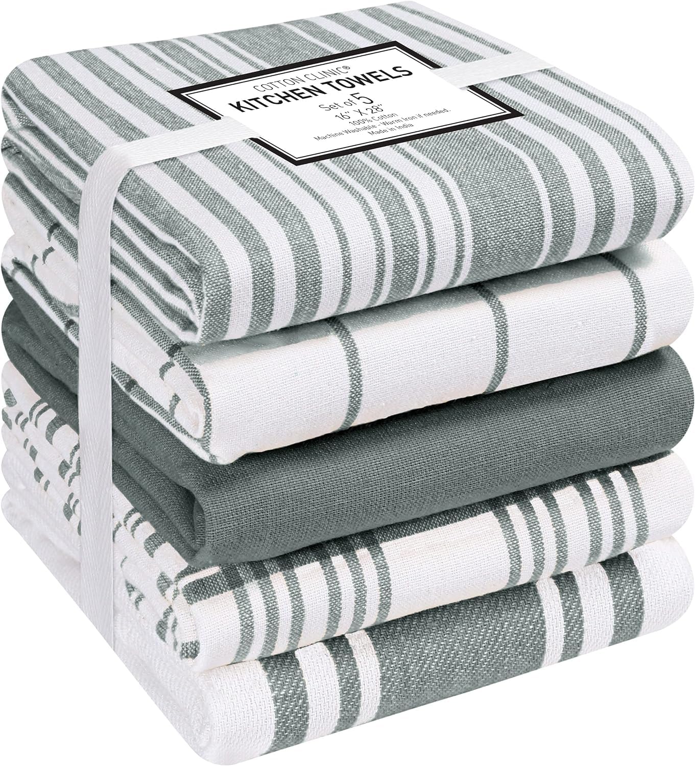 Cotton Clinic Assorted Kitchen Towels 5 Pack - Soft Absorbent Quick Drying Table & Kitchen Linen - Dish Towels, Dish Cloths, Tea