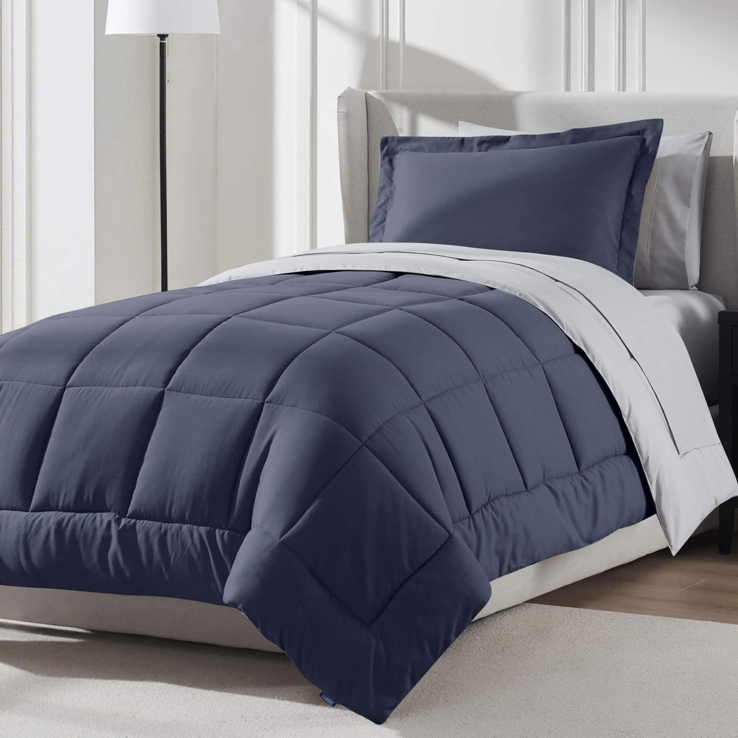 Nestl 5 Piece Twin Comforter Set - Navy Reversible Bed in a Bag - Complete Twin Size Bedding Set with Sheets, Pillowcase and Sha