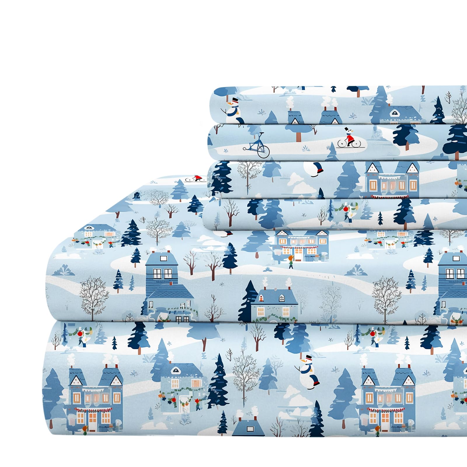 Bysure Christmas Snowman Printed Sheets 6 Pieces Set (King Size,Snowman), Winter Village Pattern Microfiber 15 Inch Deep Pocket