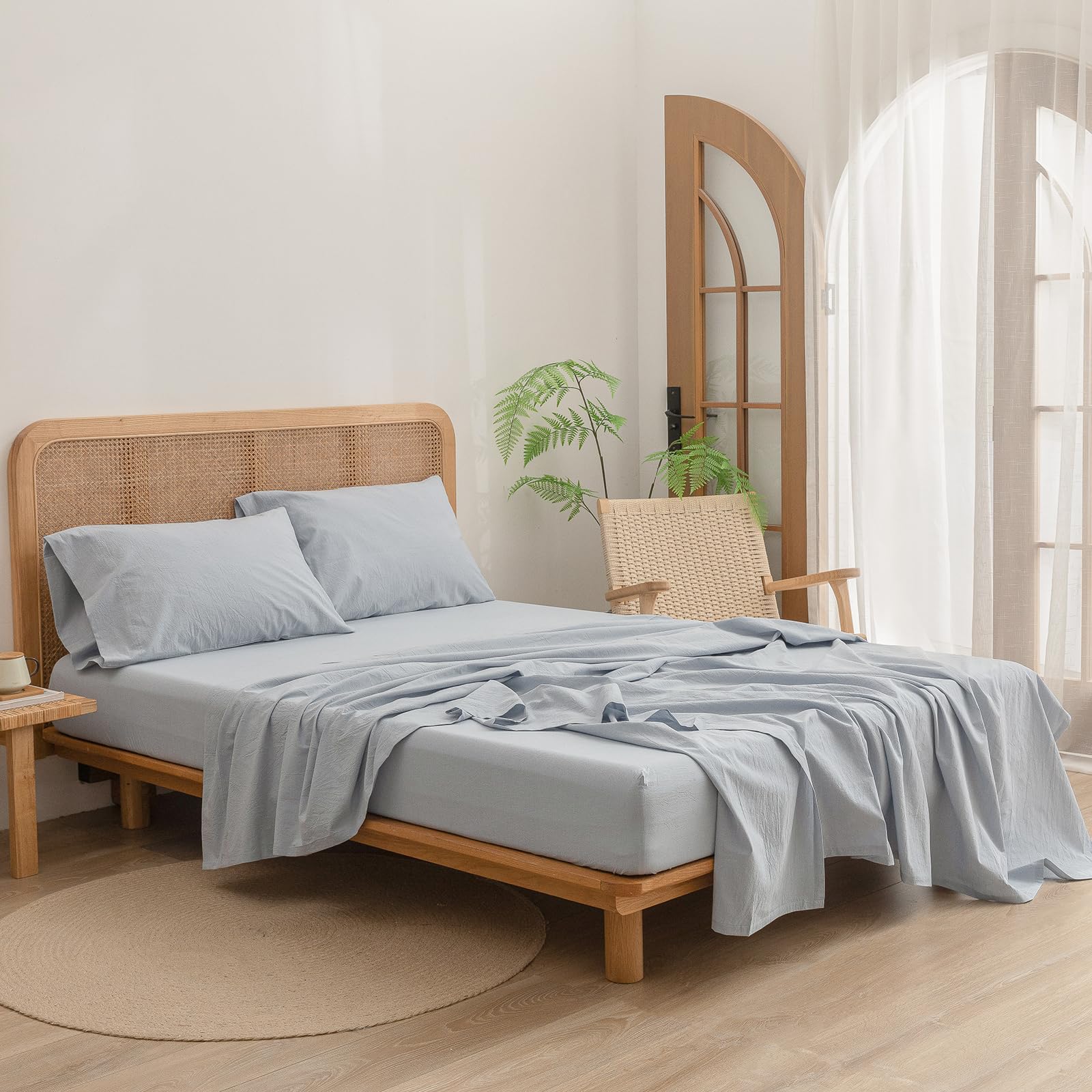 Bestouch Sheet Set 100% Washed Cotton Linen Feel Super Soft Comfortable Chic Lightweight 4 Pcs Home Bedding Set Solid Cornflower