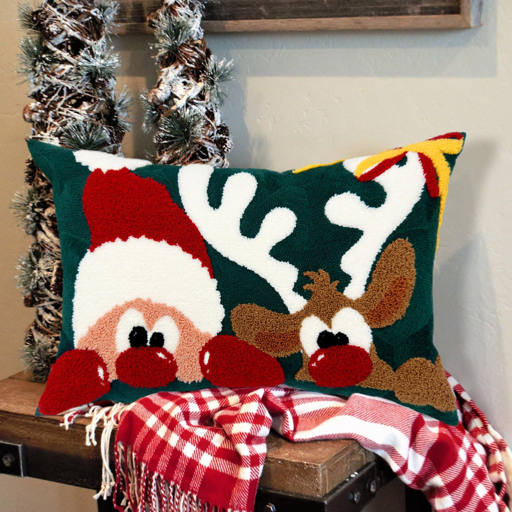 Alysheer Embroidered Lumbar Decorative Throw Pillow Cover 12''X 20'', Christmas Santa Deer Tufted Embroidery Pattern Cozy Cotton