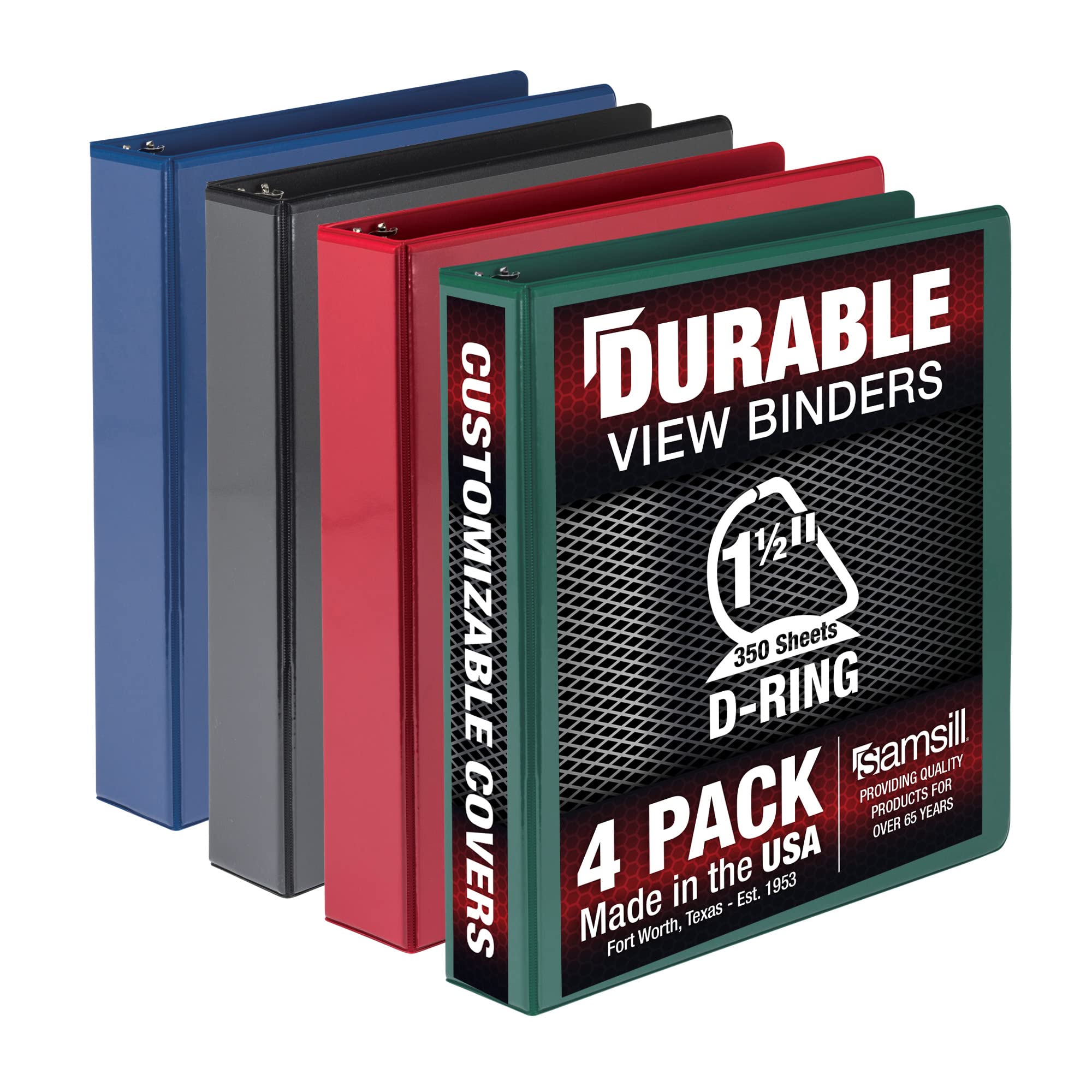 Samsill Durable 1.5 Inch Binder, Made In The Usa, D Ring Binder, Customizable Clear View Binder, Basis Assortment, 4 Pack, Each