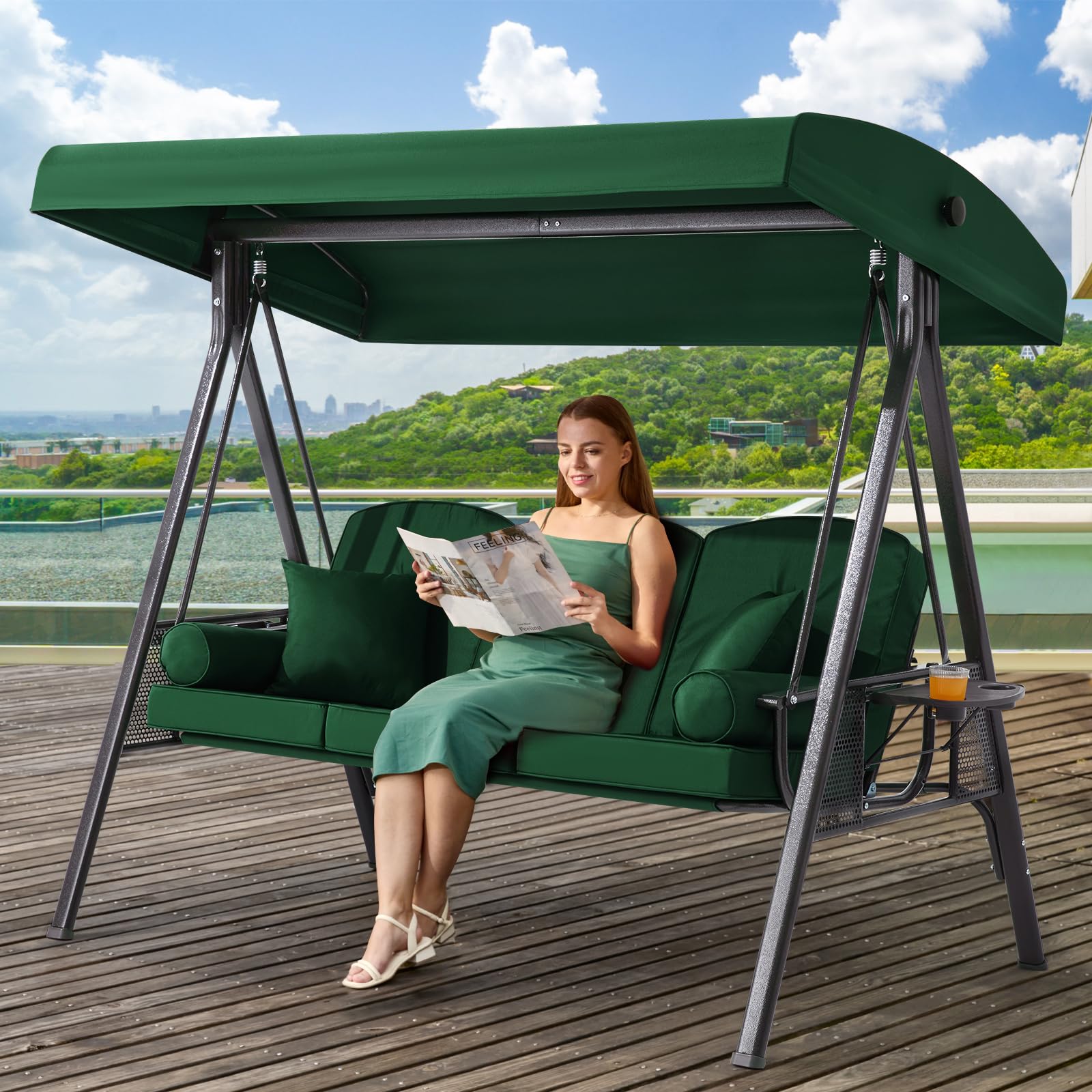 Yalissey 3 In 1 Outdoor Porch Swing With Canopy, 3 Seat Outdoor Swing For Adults, Patio Swing Chair With Thickened Cushions,Pill