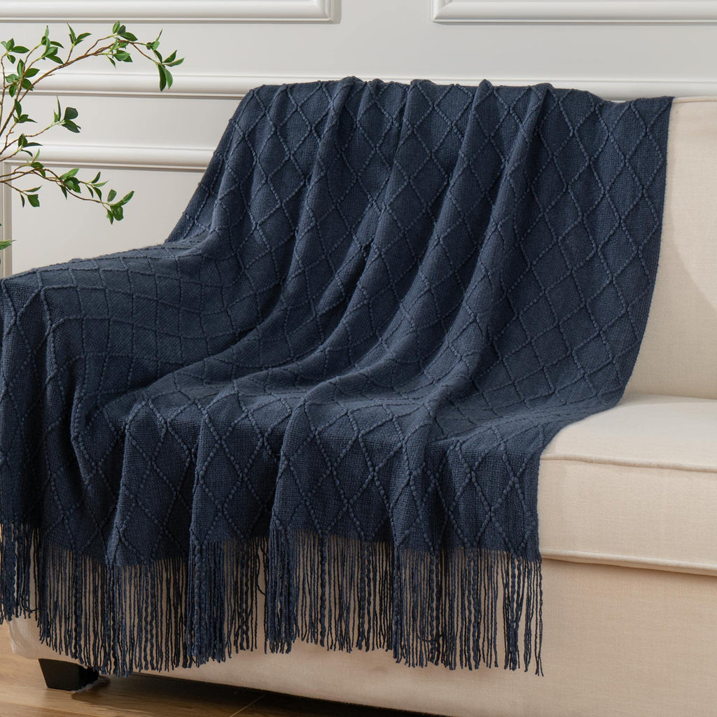 Battilo Home Navy Blue Throw Blanket With Fringe, Geometric Bed Blue Throws, Spring Decorative Large Throw For Couch Sofa Indoor