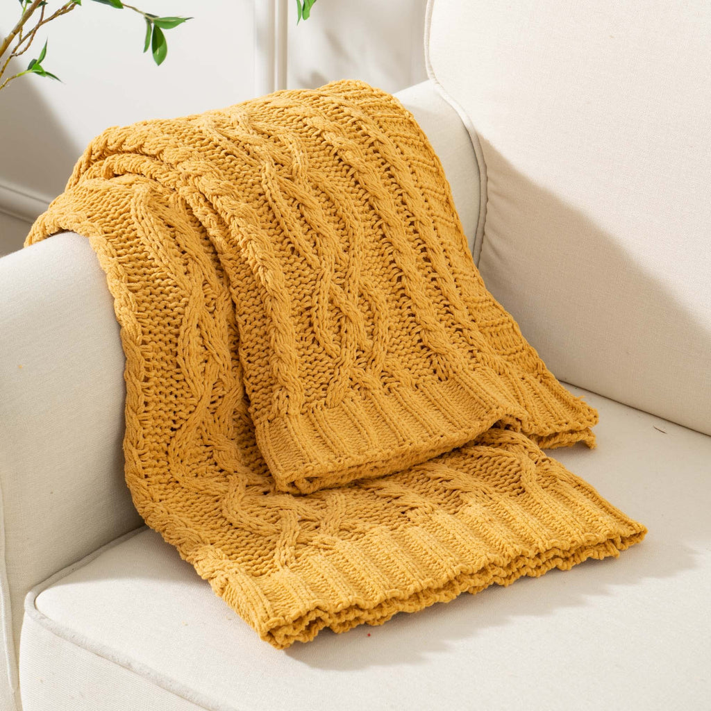 Battilo Mustard Yellow Throw Blanket For Couch, Sofa, 51''X67'', Cable Knit Throw Blanket, Woven Chenille Throw Blankets For Bed