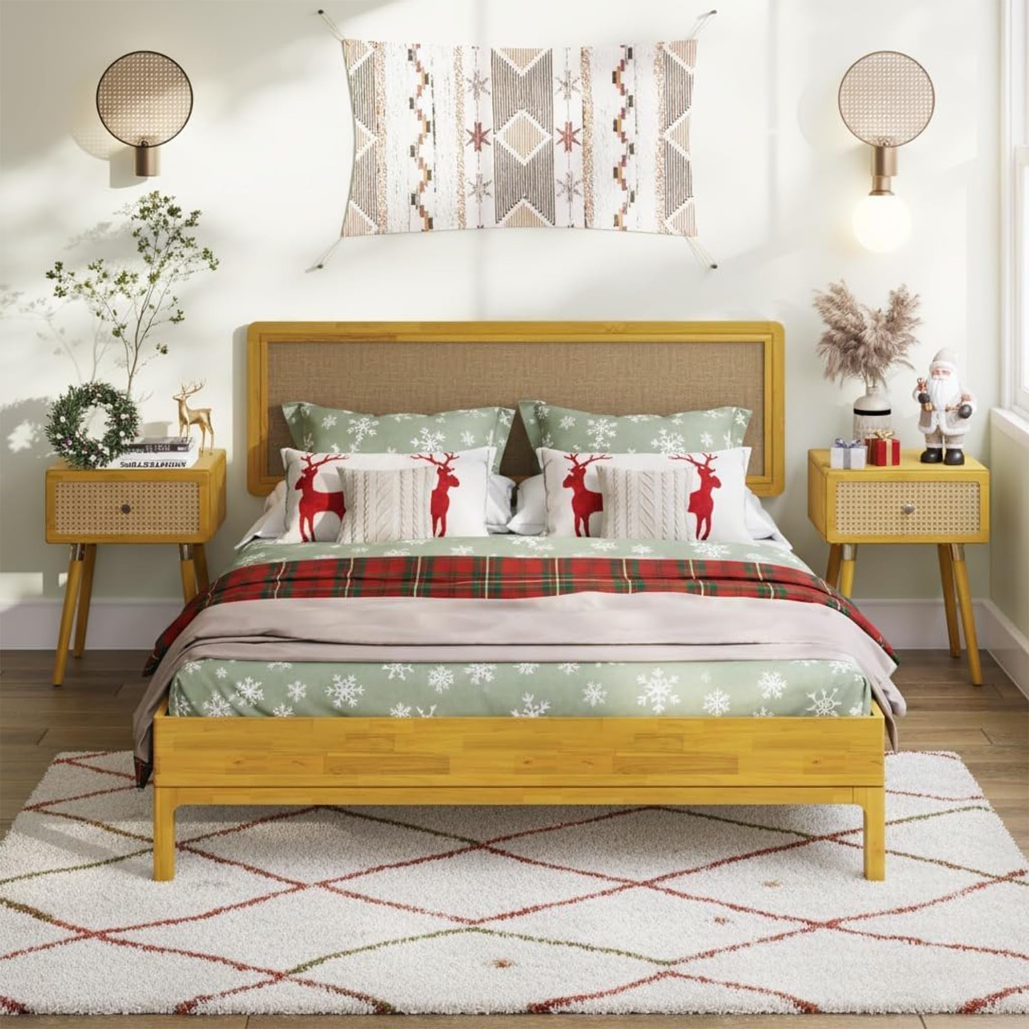Bme Nipe Bed Frame with Headboard, Bohemian and Mid-Century Modern Style, Solid Rubber Wood Platform Bed with Slat Support, No B