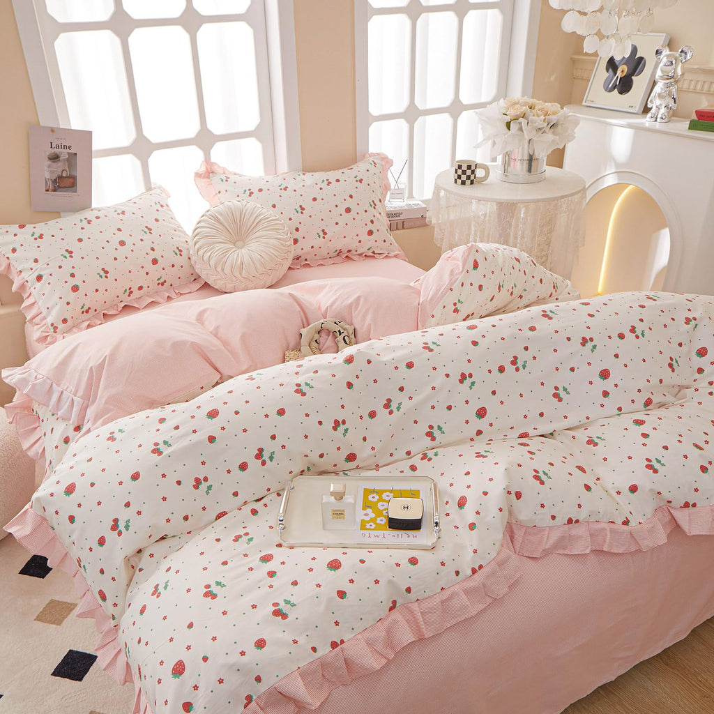 Kawaii Pink Strawberry Duvet Cover Queen Cotton Girls Lace Duvet Cover Cute Ruffle Strawberry Bedding Set Kawaii Strawberry Ruff