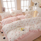 Kawaii Pink Strawberry Duvet Cover Queen Cotton Girls Lace Duvet Cover Cute Ruffle Strawberry Bedding Set Kawaii Strawberry Ruff