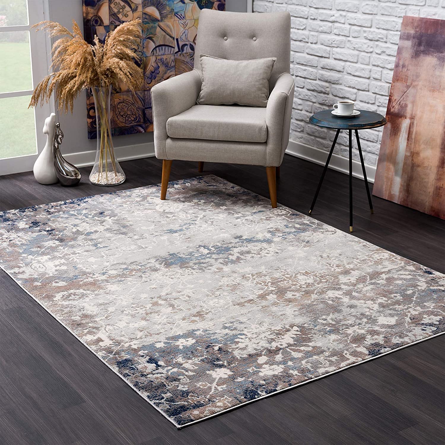 HomeRoots 100% Polypropylene 2’ x 8’ Navy and Beige Distressed Vines Runner Rug