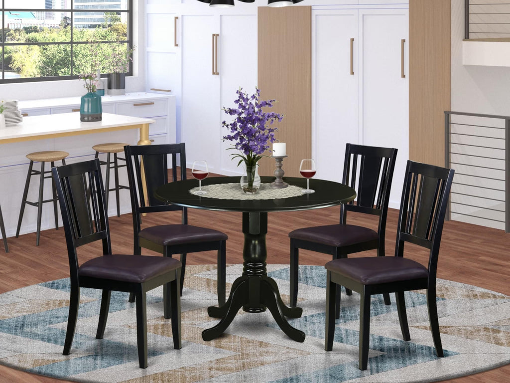 East West Furniture DLDU5-BLK-LC 5 Piece Modern Dining Table Set Includes a Round Wooden Table with Dropleaf and 4 Faux Leather Kitchen Dining Chairs, 42x42 Inch, Black