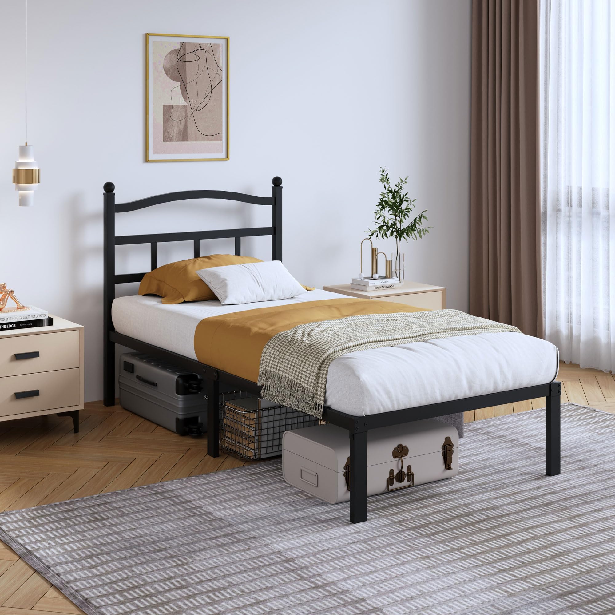 SHOANED 14 Inch Metal Bed Frame - Twin Size Heavy Duty Bedframe with Headboard Black Basic Steel Slats Platform No Box Spring Ne