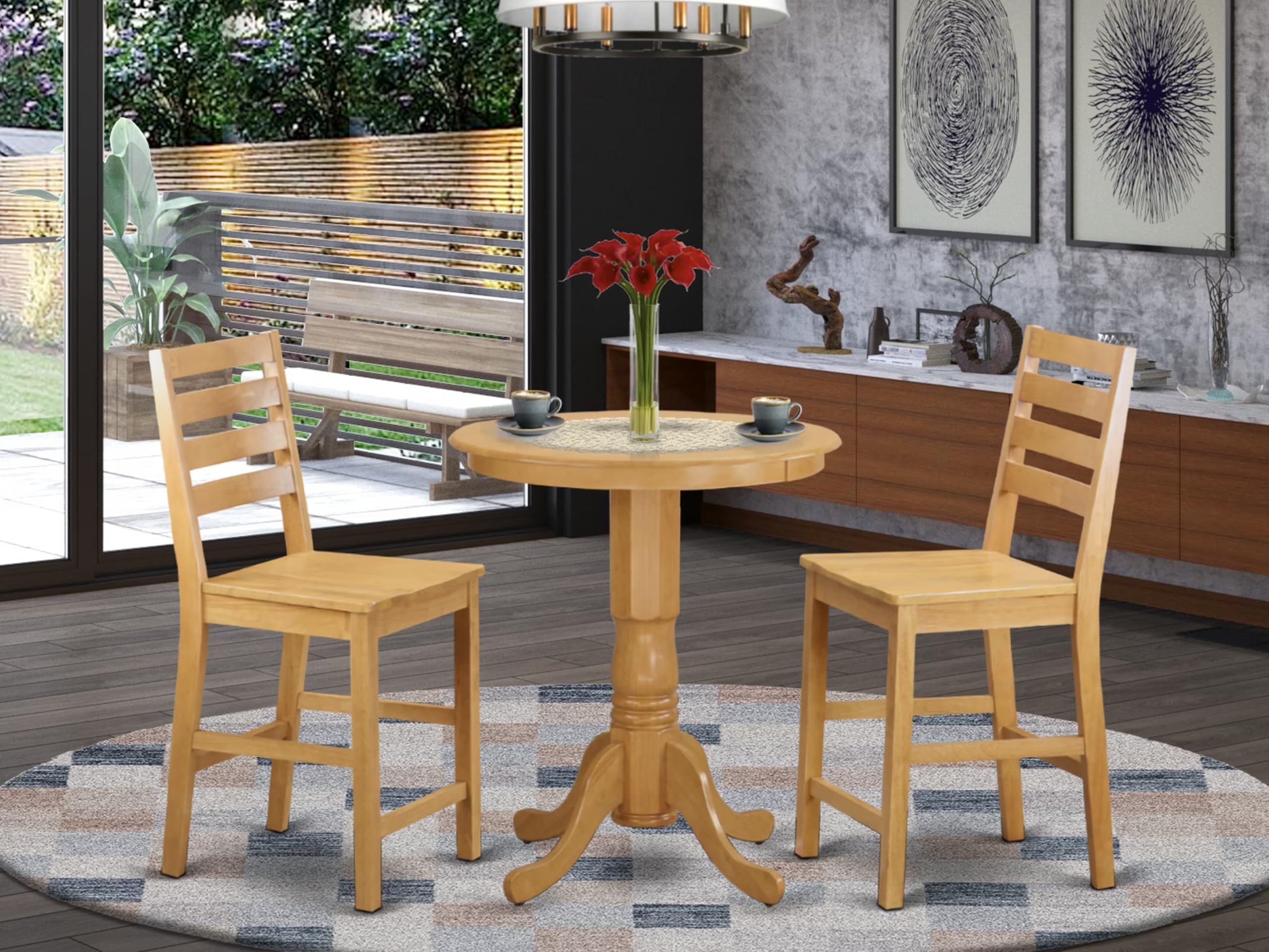 East West Furniture EDCF3-OAK-W 3 Piece Counter Height Dining Set for Small Spaces Contains a Round Dining Room Table with Pedestal and 2 Wooden Seat Chairs, 30x30 Inch, Oak