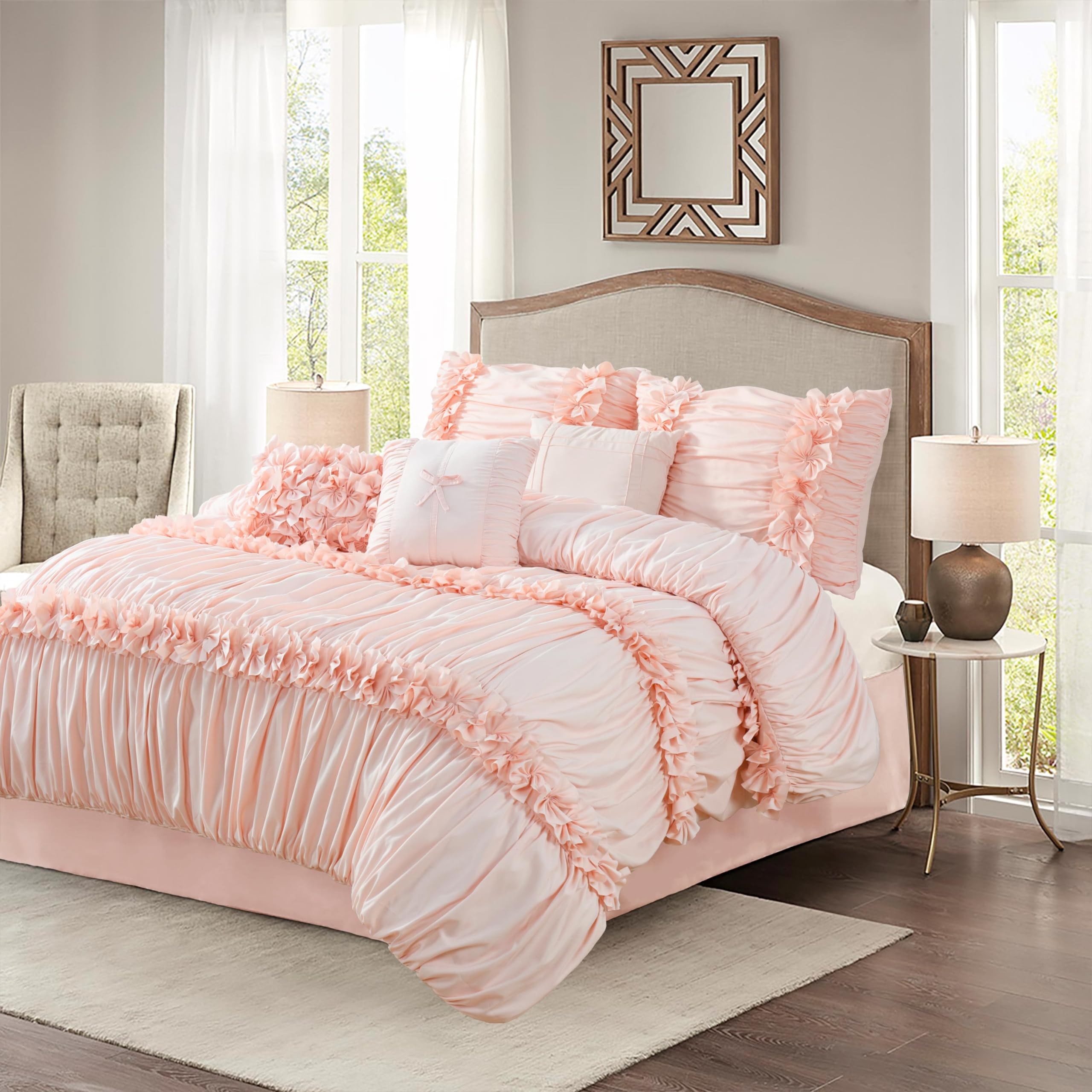 Homechoice Decor 7 Pieces Elegant French Country Bed In A Bag, Peach Pink Handmade Bow Tie Fluffy Bed Comforter With Down Altern