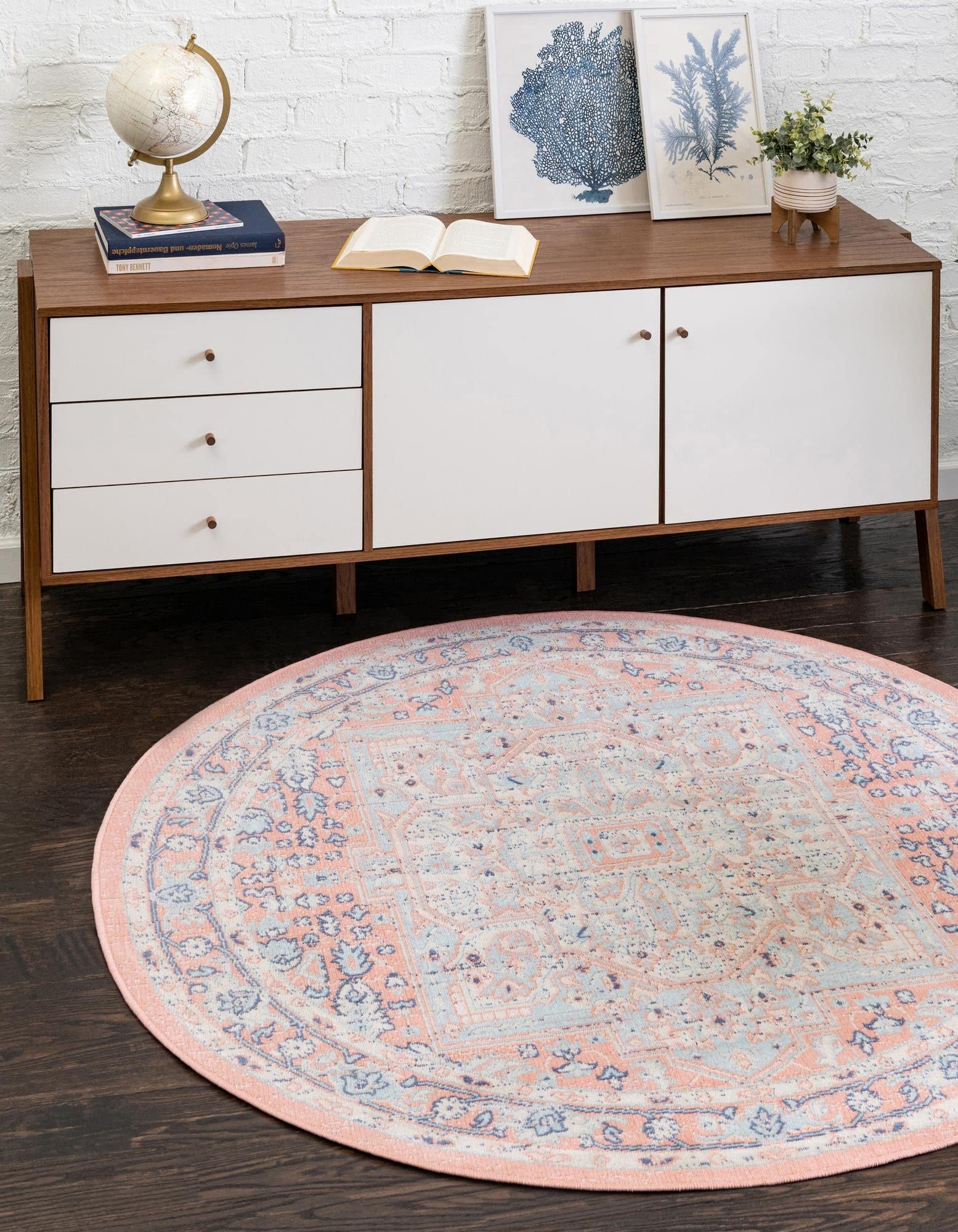 Unique Loom Whitney Collection Area Rug - Milano (3 3 Round, Powder Pink/ Blue)