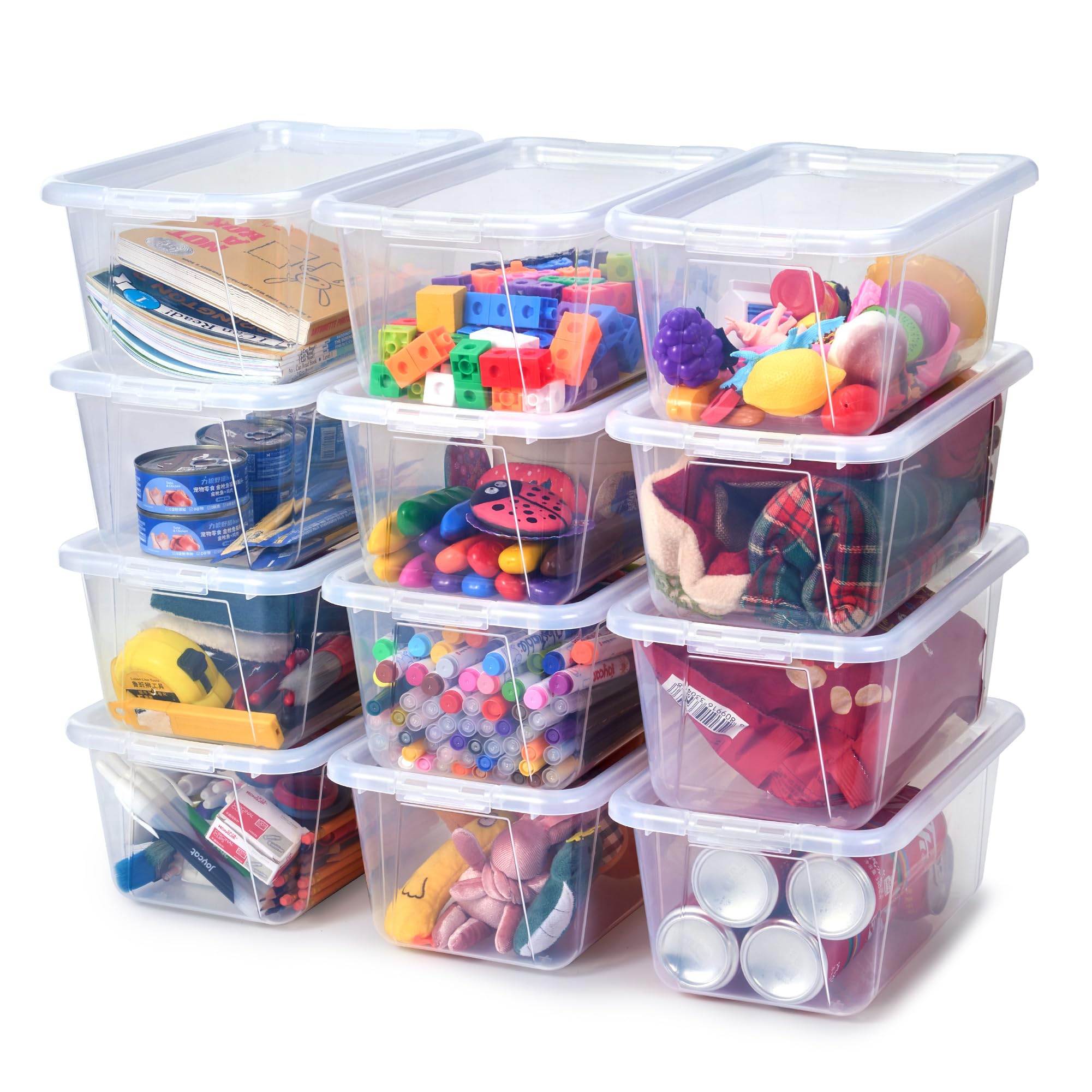 GAMENOTE Clear Stackable Plastic Storage Bins with Lids,Stackable Containers,Toy Storage Organizer - 5 Qt 12 Pack - Small Tubs,T