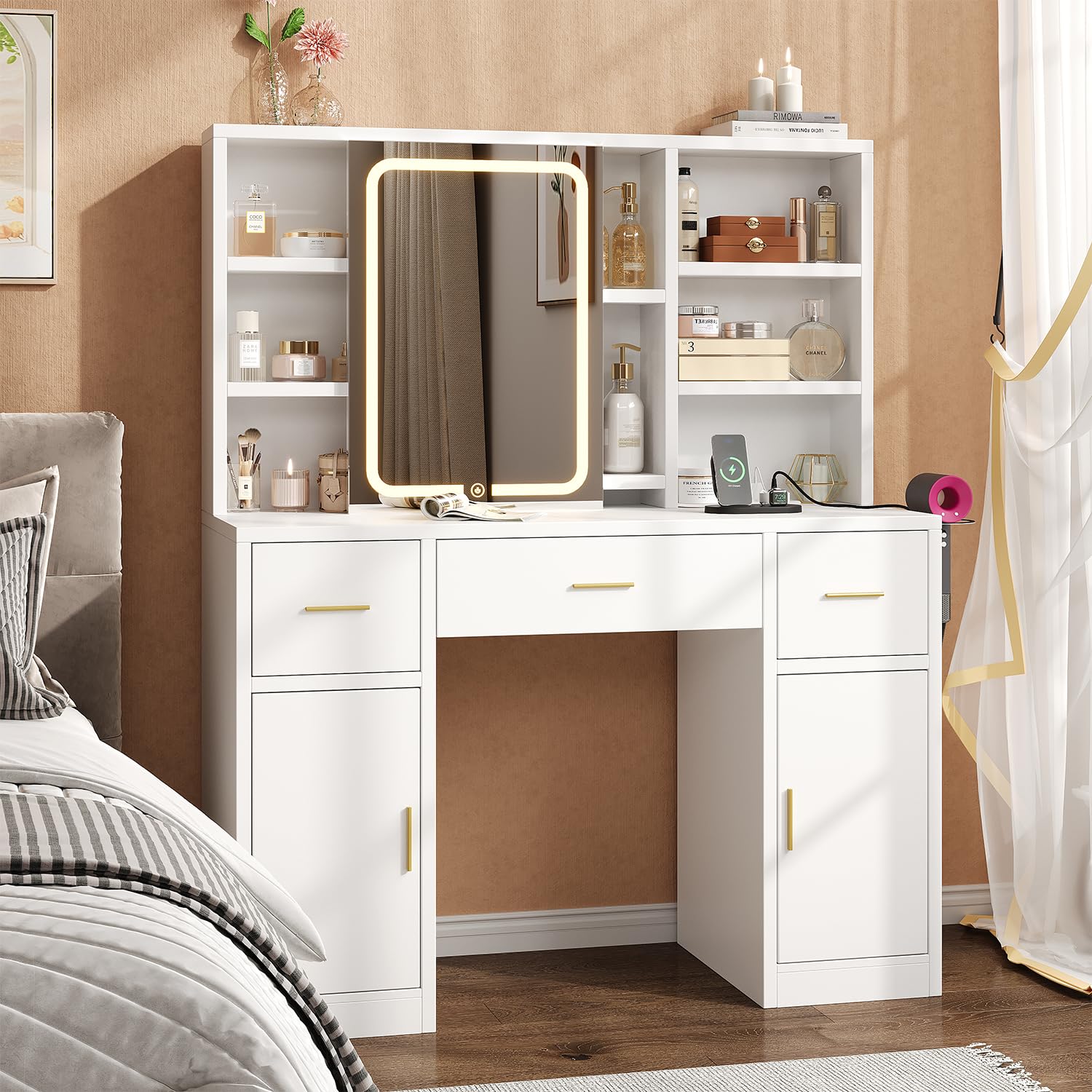 knoworld Vanity Desk with Sliding Mirror & LED Lights, Smart Makeup Table with Charging Station, Hairdryer Holder, 7 Shelves, 3 