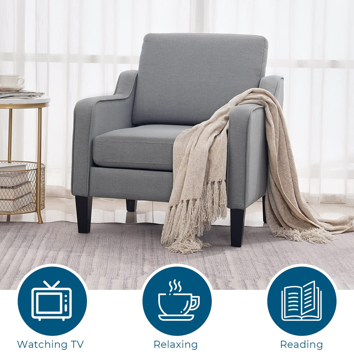 Vingli Mid Century Modern Accent Chair,Light Grey Fabric Chairs For Living Room Upholstered Armchair With Scooped Arms For Bedroom,Apartment,Studio,Office,Waiting Room