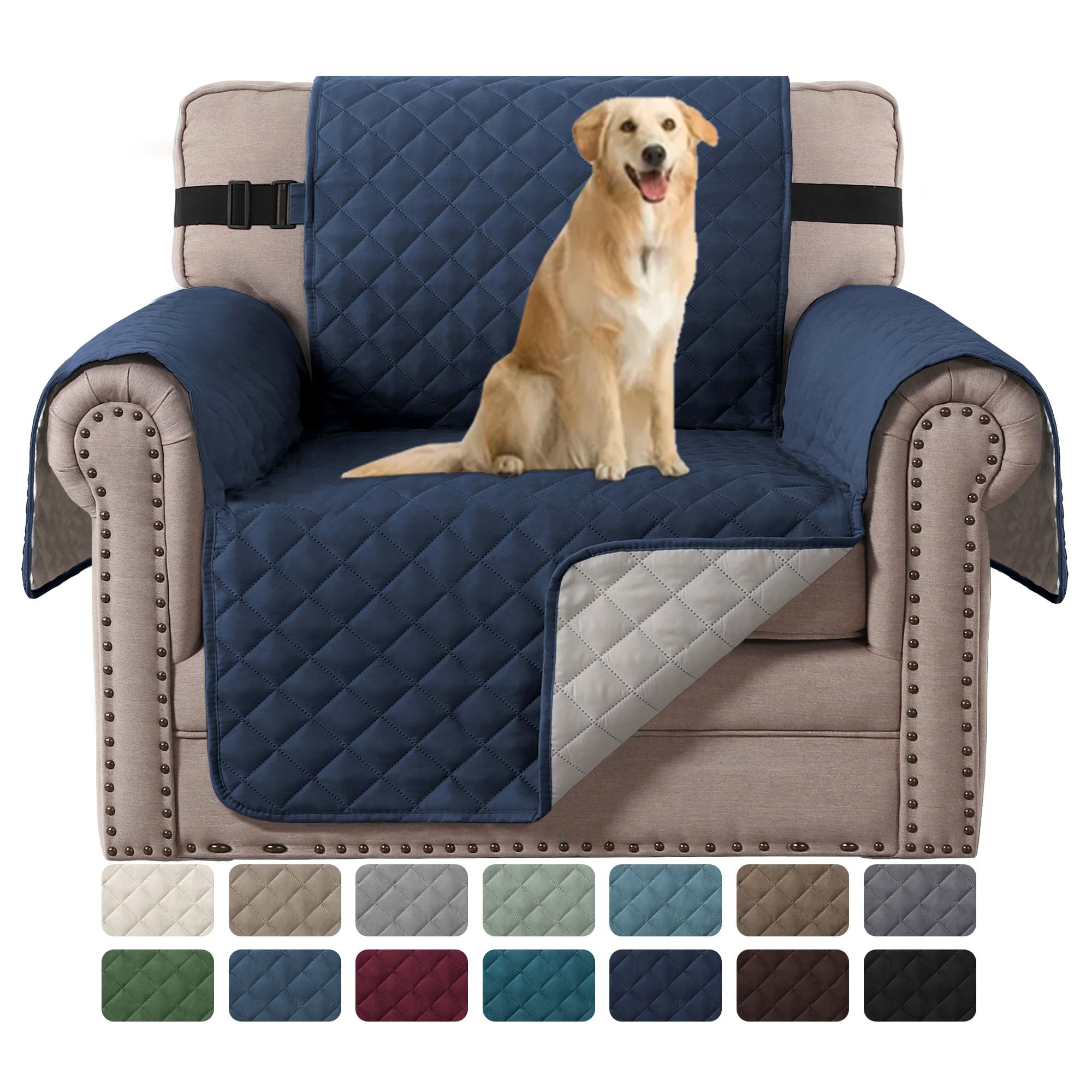 H.Versailtex Reversible Chair Cover For Dogs Pet Water Repellent Sofa Cover Chair Slipcover 2' Thick Strap Slip-Resistant Chair Protector Soft Quilted Seat Width Up To 21'(Armchair, Navy/Beige)