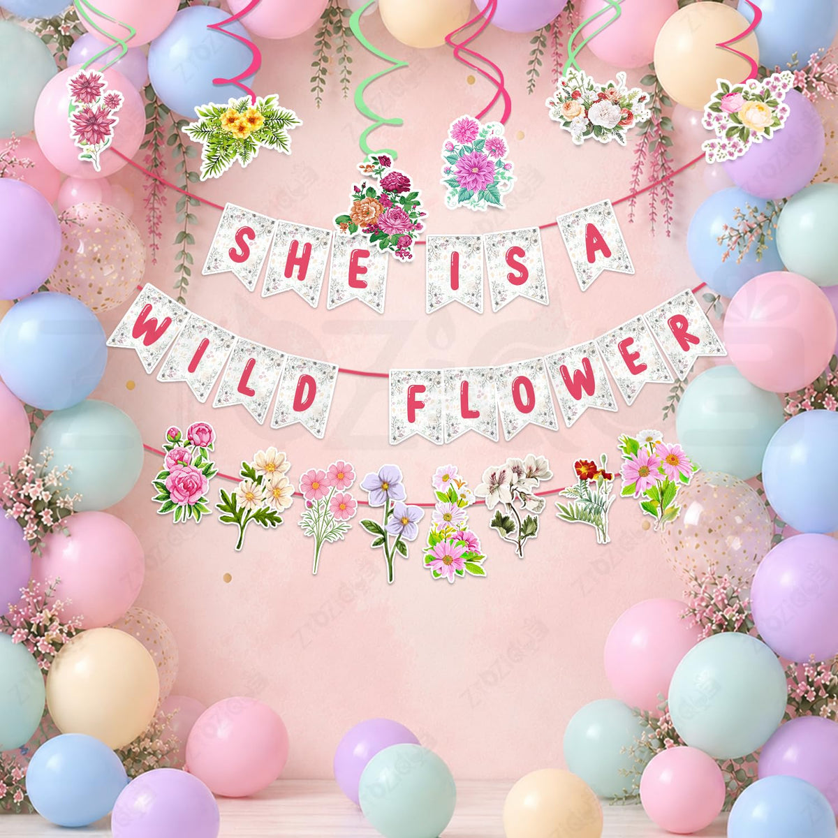 Zyozique She Is a Wild Flower Theme Party Decorations Item, Flower Birthday Party Decorations, Paper Banner, Character Paper Ban