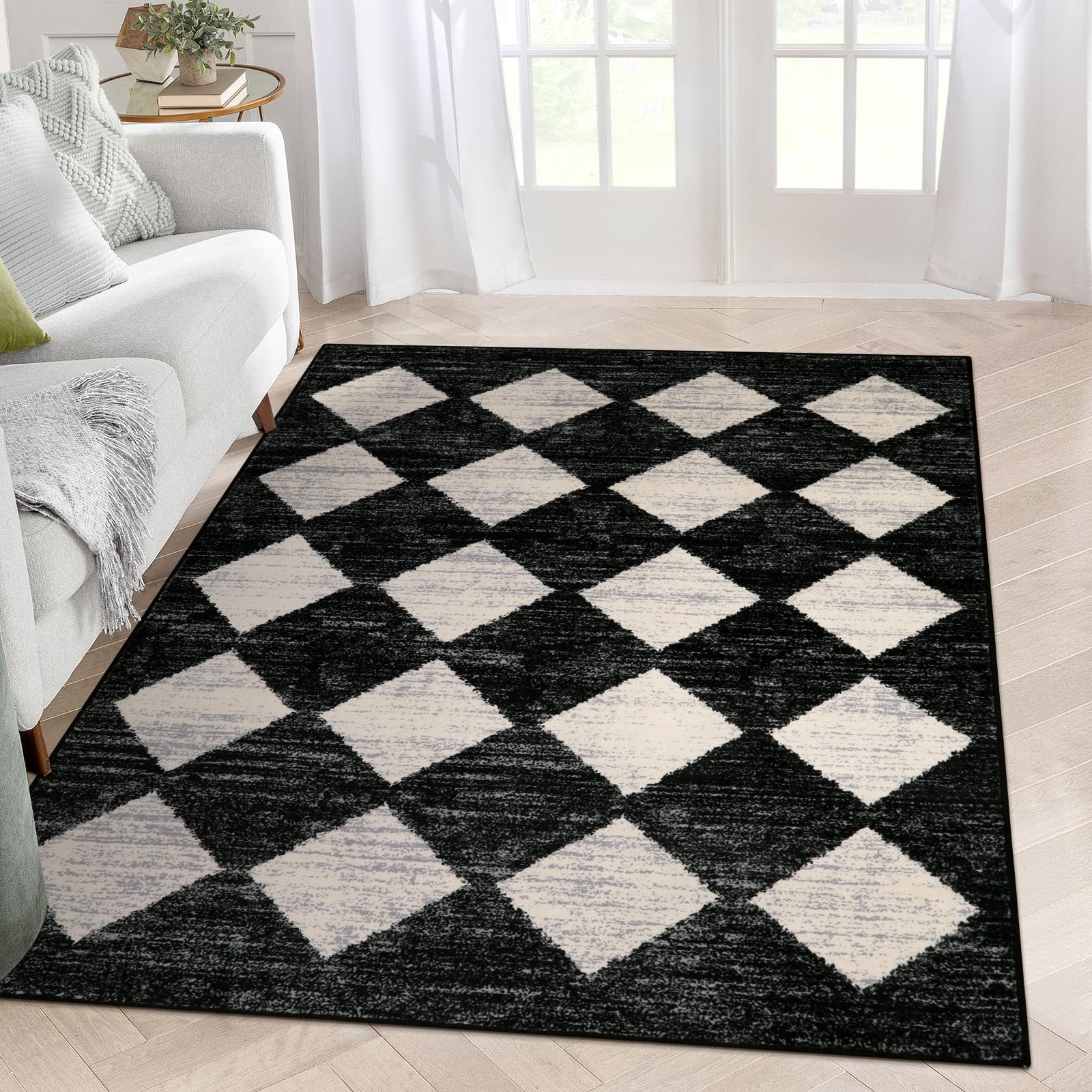 Lahome Moroccan Trellis Area Rug - 5x7 Black Washable Large Rugs for Bedroom Living Room Mat, Checkered Soft Non Slip Stain Resi