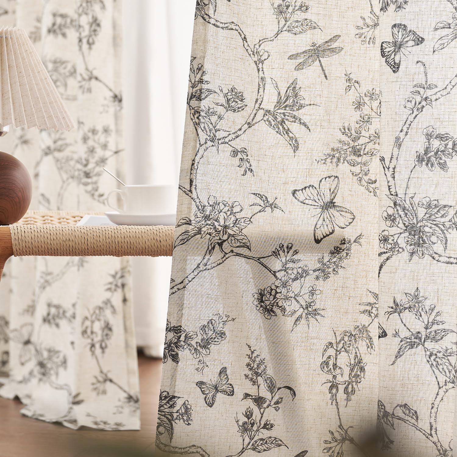 Lazzzy Farmhouse Linen Curtains Black Floral Curtains 108 Inch Length Back Tab Drapes For Living Room Bedroom Light Filtering Co