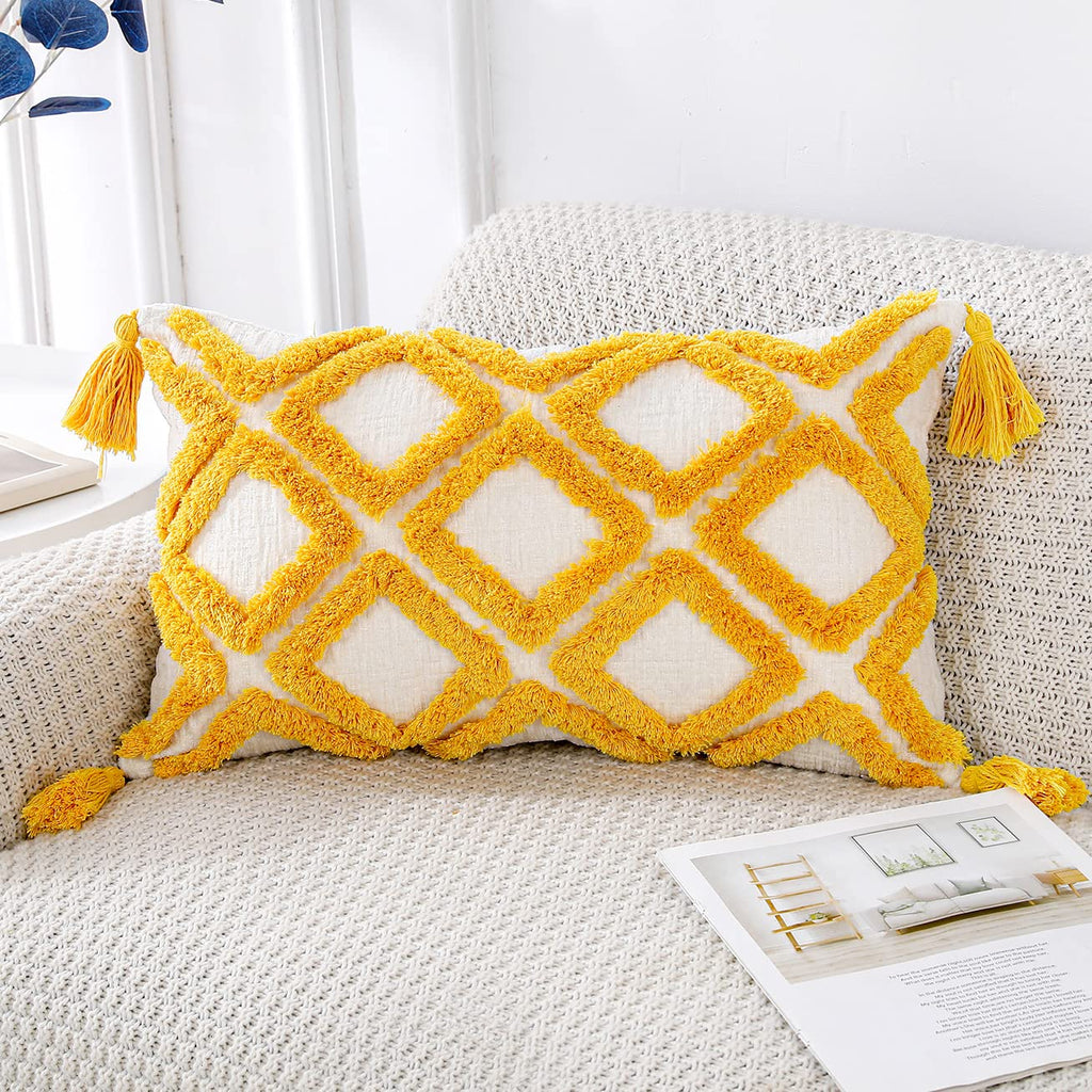 Panod Super Soft Farmhouse Decorative Plush Throw Pillow Covers 12 X 20 Yellow,Solid Diamond Pattern Tufted With Tassels Modern