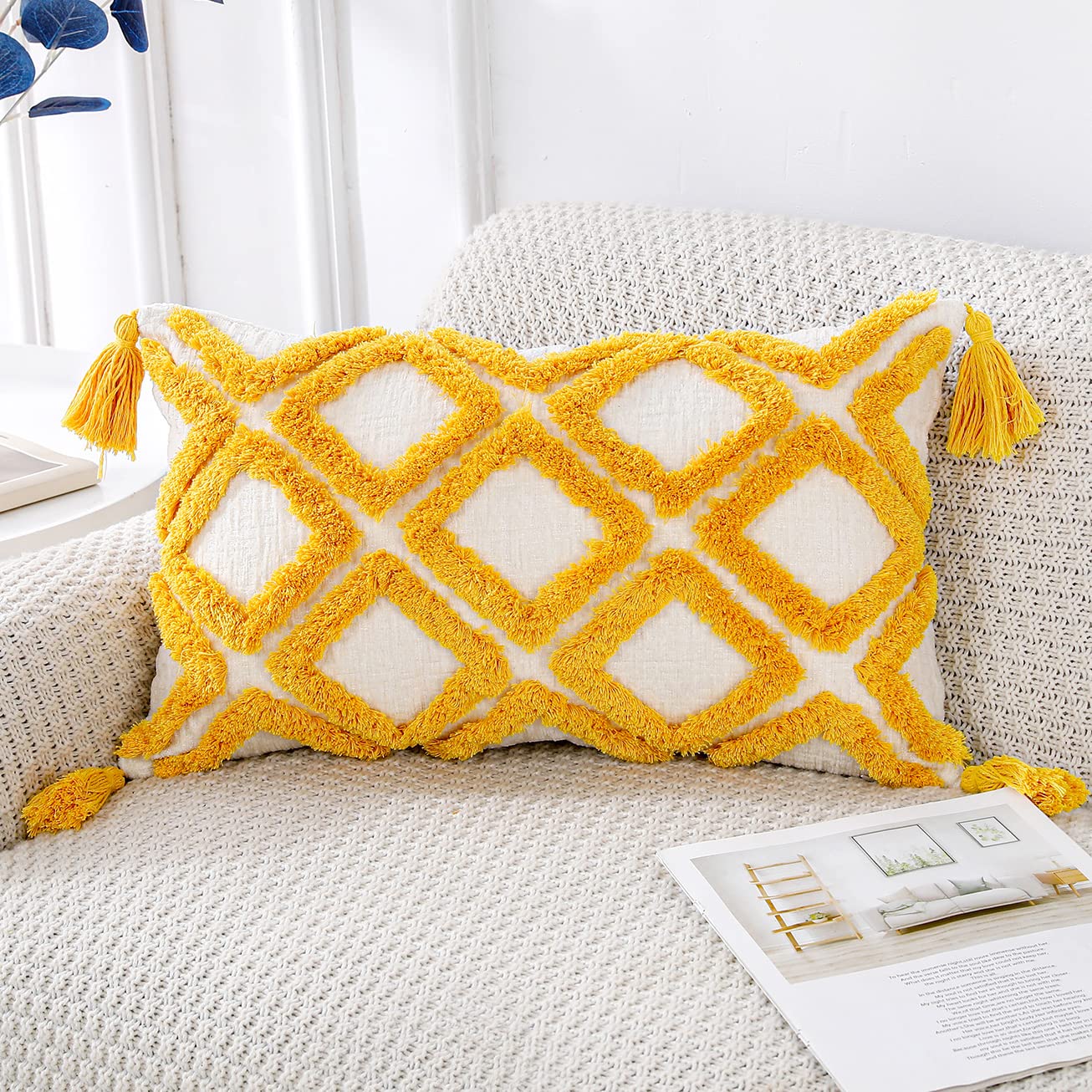 Panod Super Soft Farmhouse Decorative Plush Throw Pillow Covers 12 X 20 Yellow,Solid Diamond Pattern Tufted With Tassels Modern