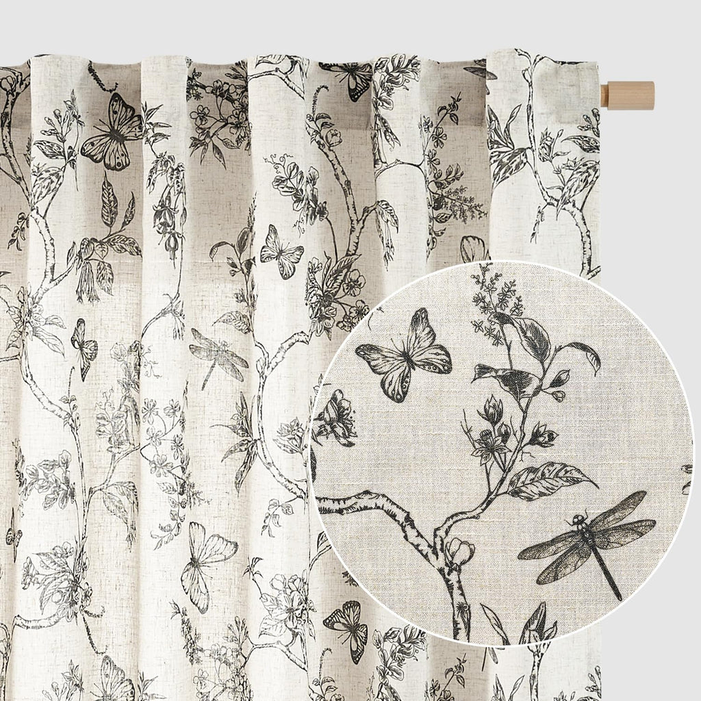 Lazzzy Farmhouse Linen Curtains Black Floral Curtains 108 Inch Length Back Tab Drapes for Living Room Bedroom Light Filtering Co