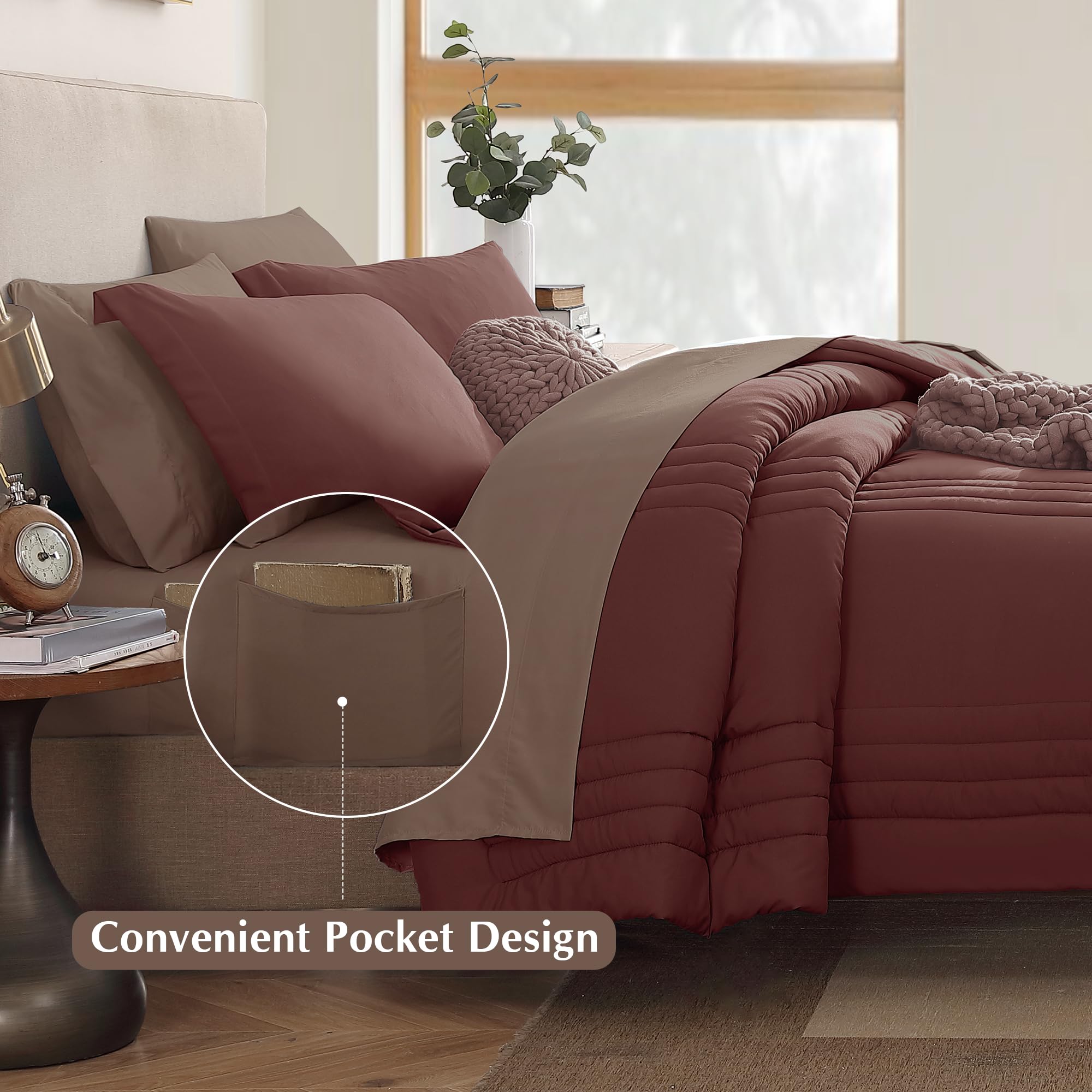 Monbix Queen Comforter Set - 7 Pieces Dark Red Bed In A Bag Queen Bedding Sets With Comforters, All Seasons Down Alternative Com