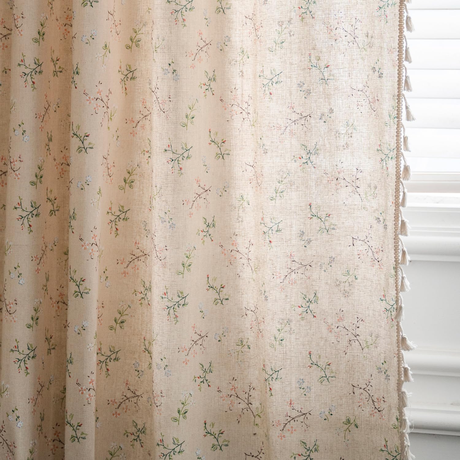 Jooja 2 Panels Boho Curtains Floral Semi-Blackout Windows Curtains With Tassels Cotton Linen Curtains Panels For Bedroom Living
